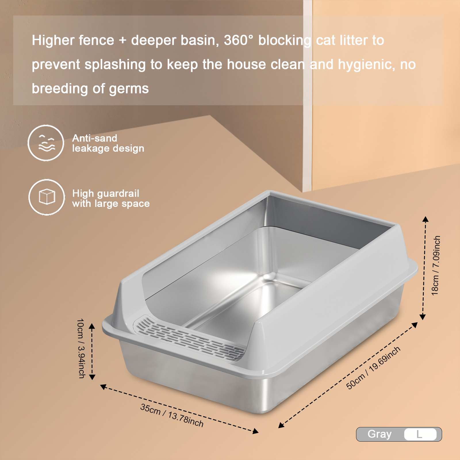 Caja de Arena de Acero Inoxidable Grande, Diseño Semi-cerrado Resbaloso y Hermético, Tapete Removible, Ideal para Gatos Grandes y Más — imagen 3