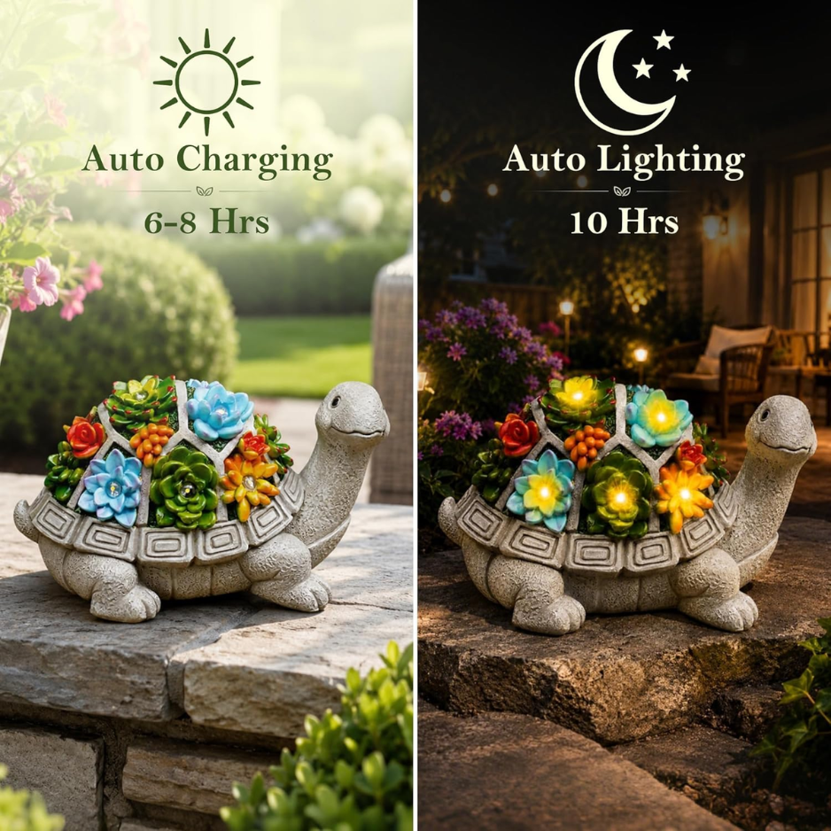 Estatua de Tortuga Solar para Jardín con Suculentas y 7 Luces LED — imagen 2