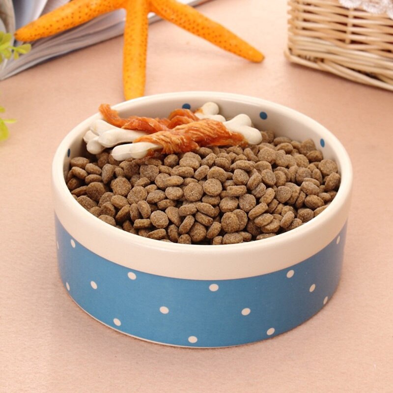 Pet Dog Beautiful Ceramics Pink Blue Dot Pattern Bowl Dog Cat Drinking Eating FeederS BW761 — image 2
