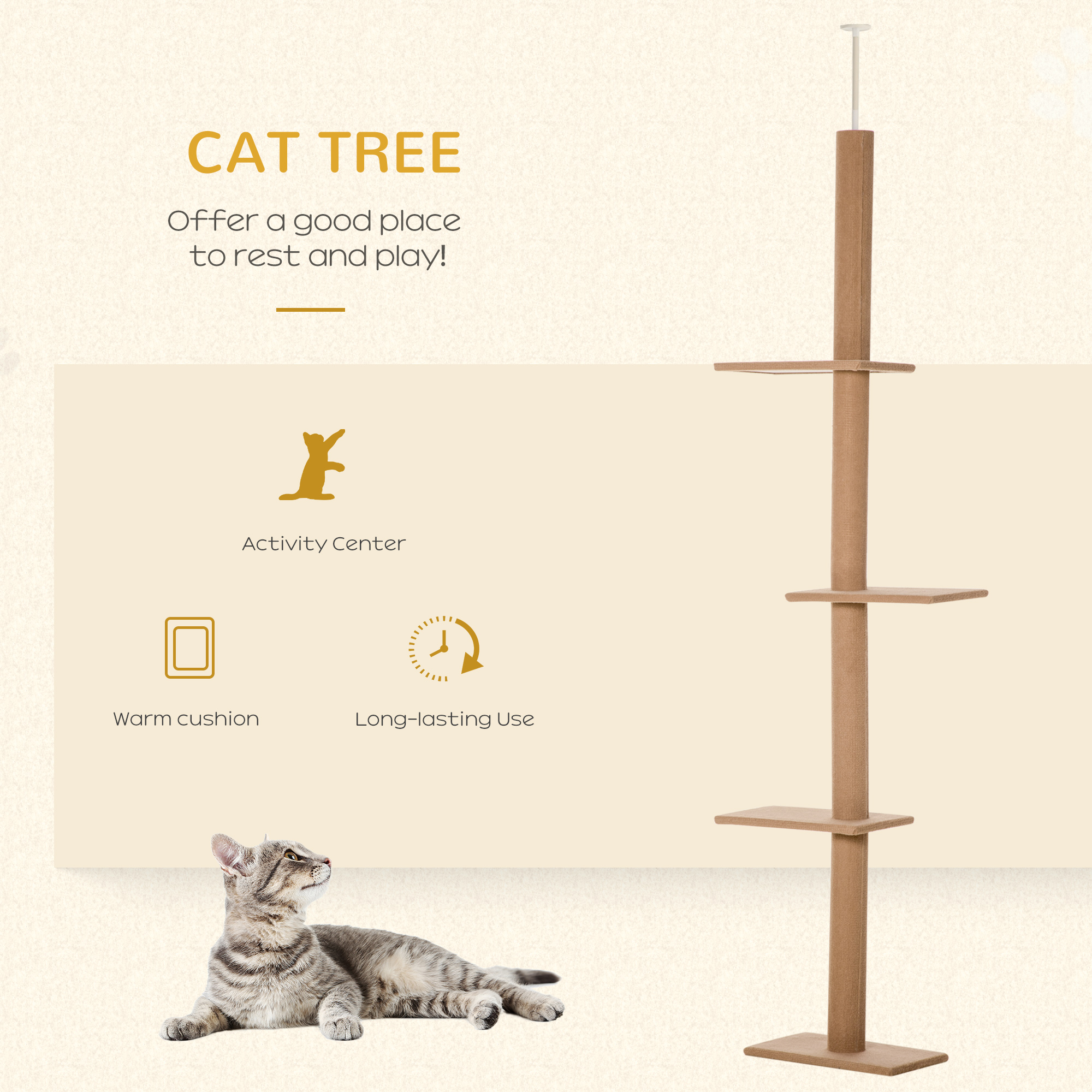 Árbol de Gatos de Piso a Techo con Postes de Rastrillado en Sisal, Centro de Actividad para Gatos, Color Marrón — imagen 2
