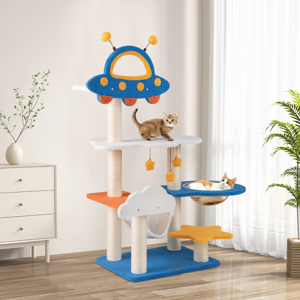 Rascador para Gatos Alto con Percha Superior en Forma de OVNI, Cápsula Espacial y Postes Rascadores de Sisal — imagen 7
