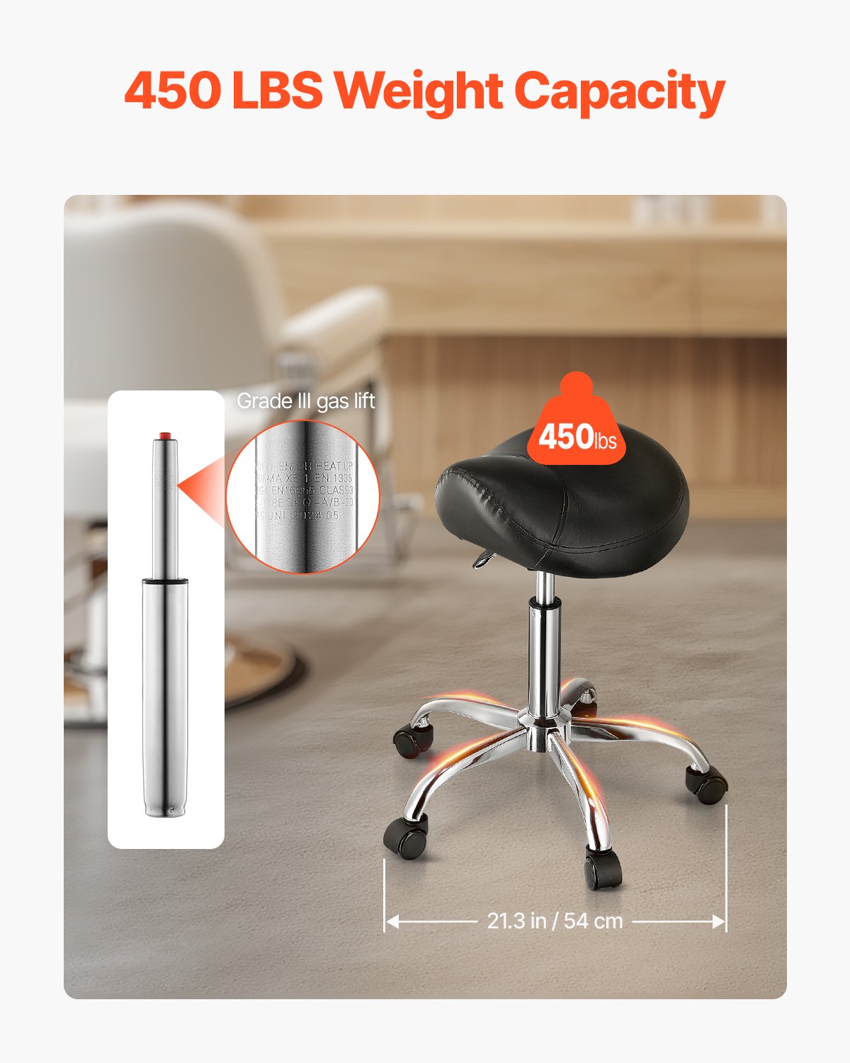 Saddle Stool With Wheels, 450 LBS Weight Capacity Ergonomic Rolling Stool, Height Adjustable Thickened PU Leather Swivel Saddle Chair For Salon, Spa, Massage, Tattoo, Clinic, Black — image 4