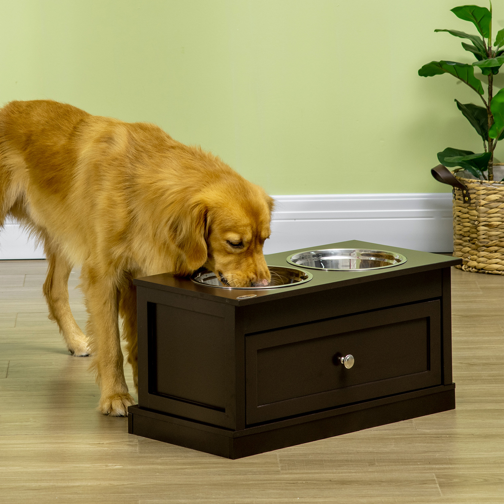 Bolsas de Alimento para Perros Grandes con Caja de Almacenamiento de 11L, Soporte Elevado para Comida y Agua de Madera Resistente, Marrón — imagen 1