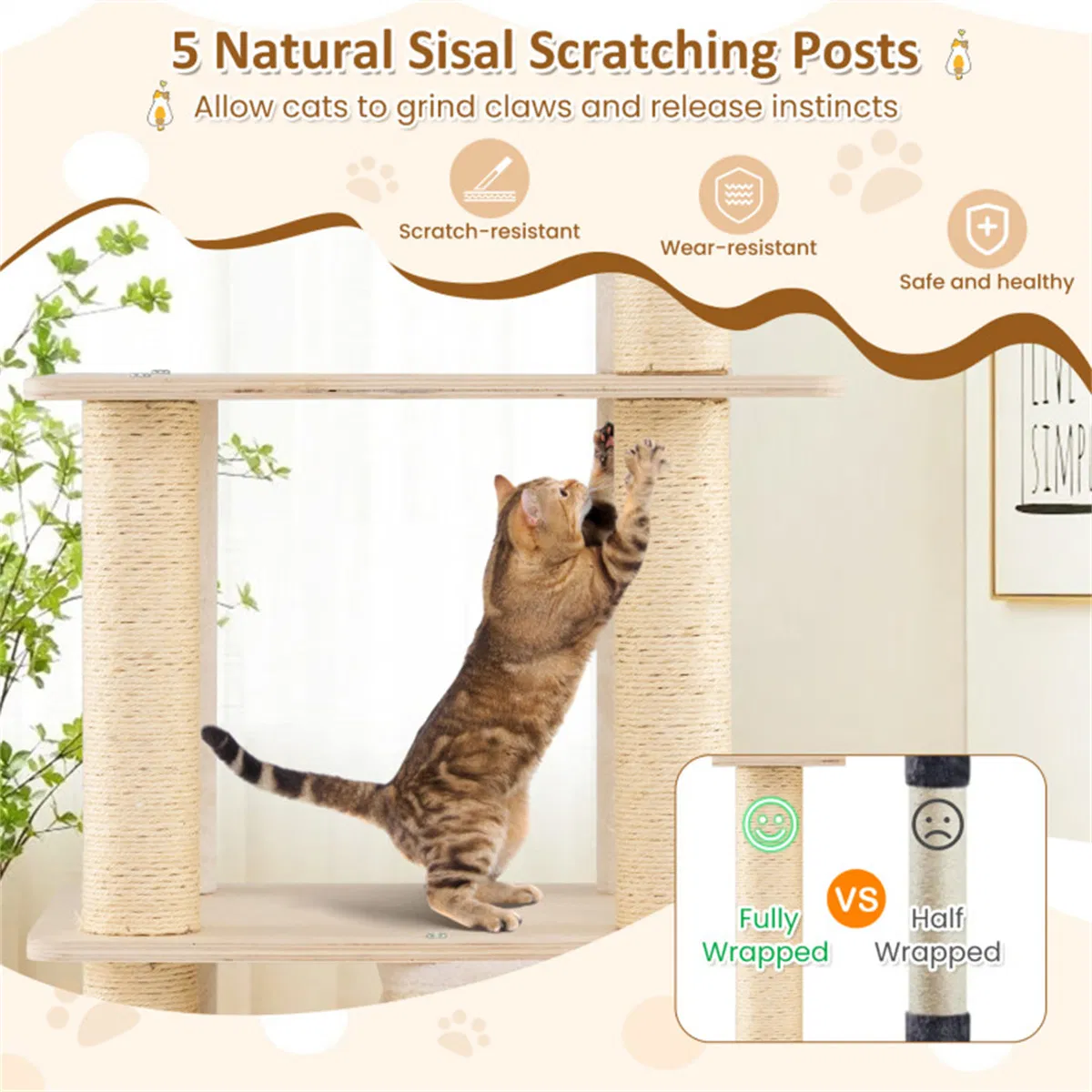 63" Wooden Cat Tree - 2-Story Condo with Bamboo Interior, 5 Sisal Scratching Posts, 44 lbs Per Layer Capacity — image 7