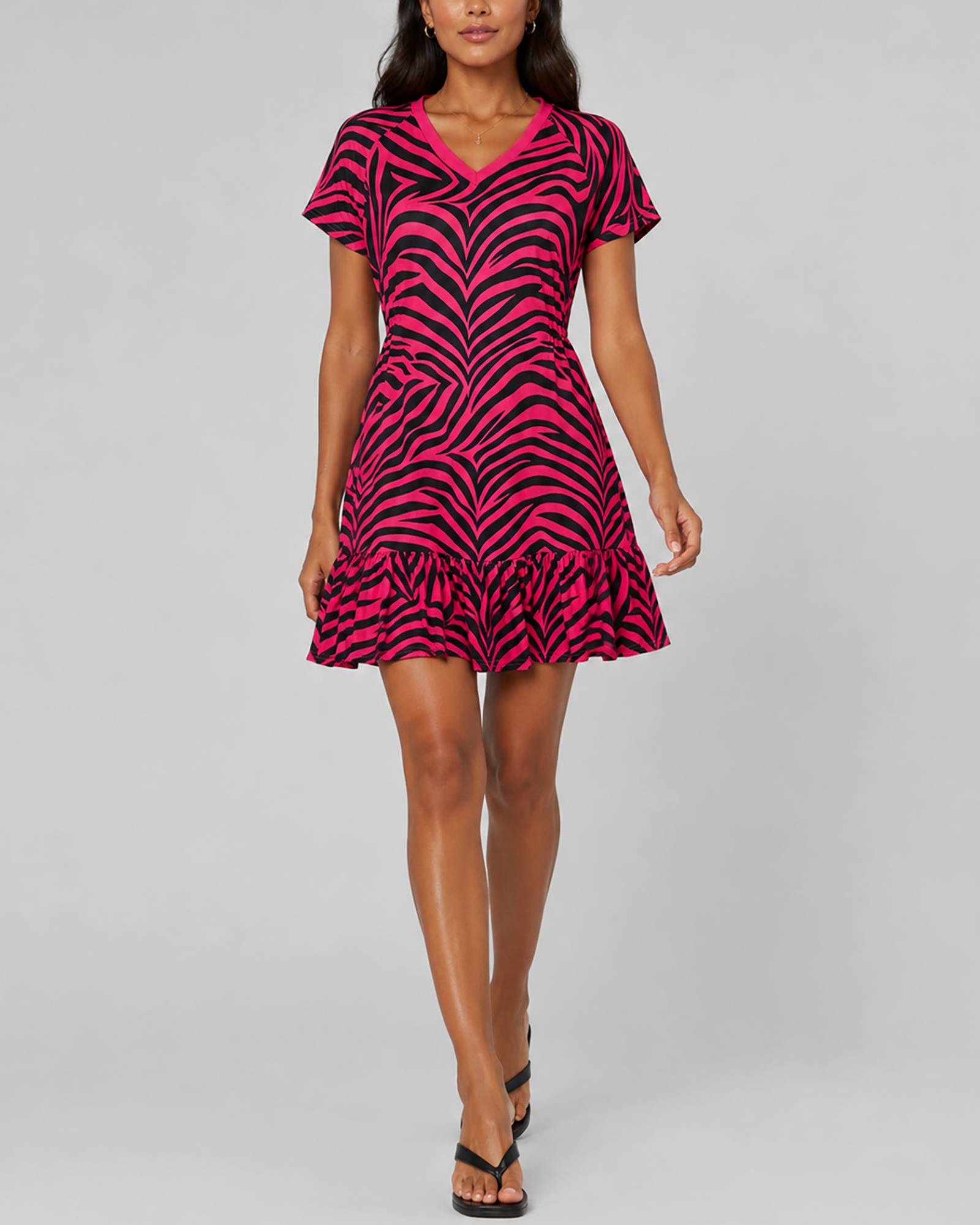 Women's Fashion Color-Blocking Zebra Pattern Printed V-Neck Lotus Leaf Edge Short Sleeve Elastic Dress — image 7