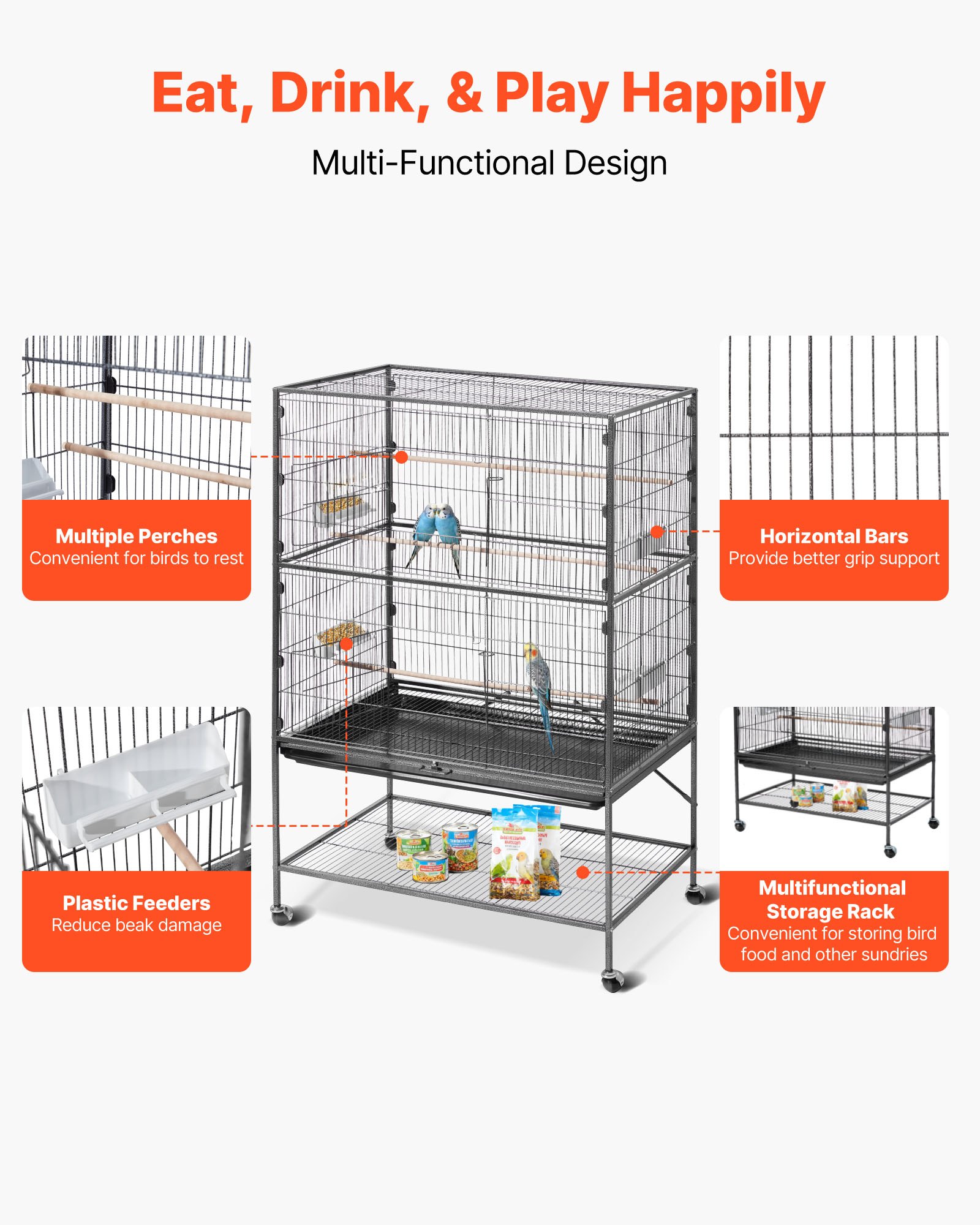 Bird Cage, 36.6 X 22.8 X 59.5 Inch, Flat Top, Wrought Iron Bird Flight Cage With Perches, Slide-Out Tray And Plastic Feeders, For Blue Tit, Cockatiel, Canary, Monk Parakeet, African Grey Parrot — image 2