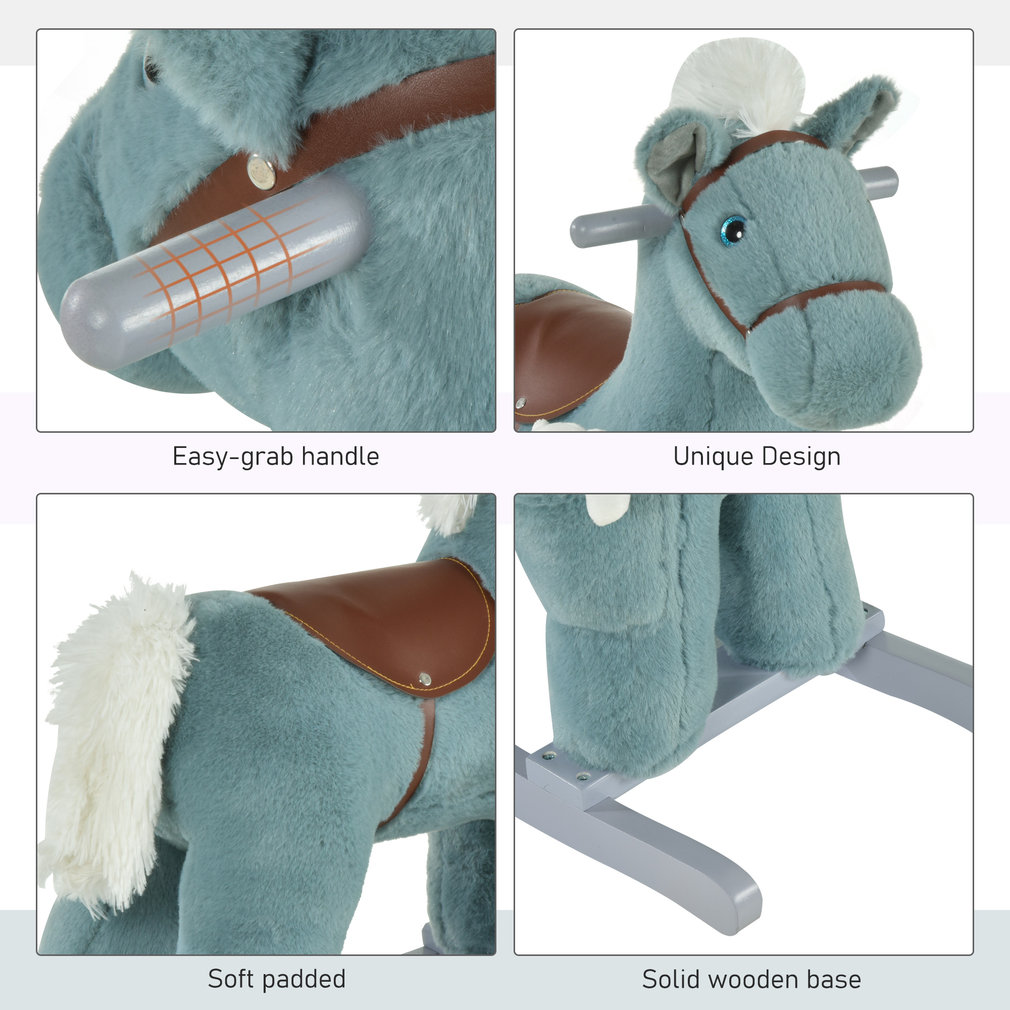 Kids Rocking Horse with Bear Toy, Plush Animal Rocker with Fun Realistic Sounds for Toddler 18-36 Months, Blue — image 3