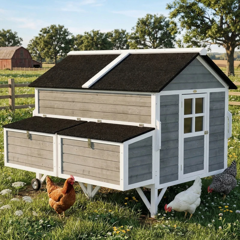 Galpón de Pollos en Madera con Ruedas y Manijas, 2 Cajas de Incubación, 2 bandejas, 4 Perchas, Transportador para 4-6 Pollos, Gris — imagen 10