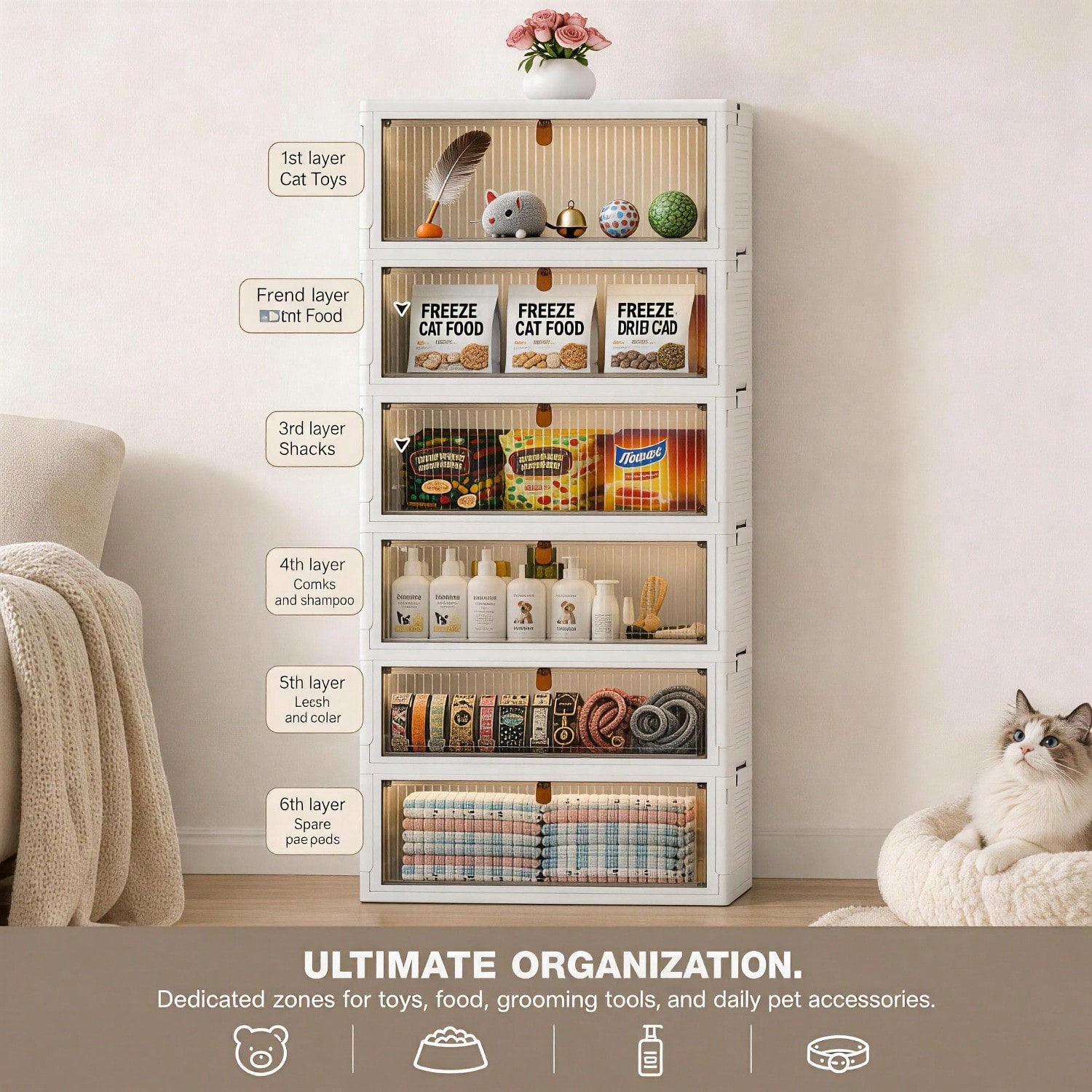 Almacenamiento Portátil y Plegable para Suministros de Mascotas con Ruedas, Puerta Magnética y Organizador Colapsable para Juguetes, Alimentos, Herramientas de Aseo y Más — imagen 11