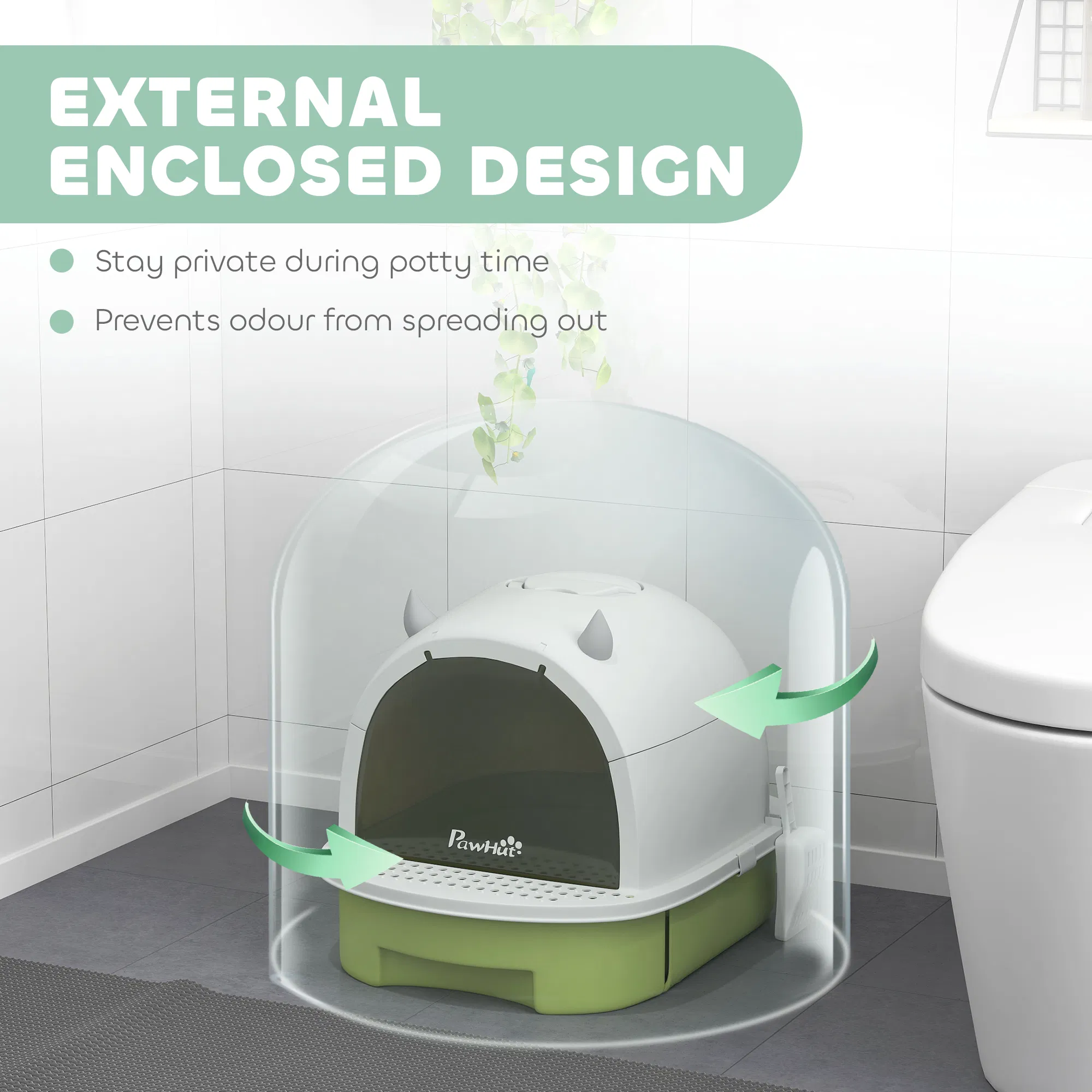Cat Litter Box with Lid, Front Door Flap, Scoop, Handle, Easy Clean, for Small and Medium Cats, Green — image 2