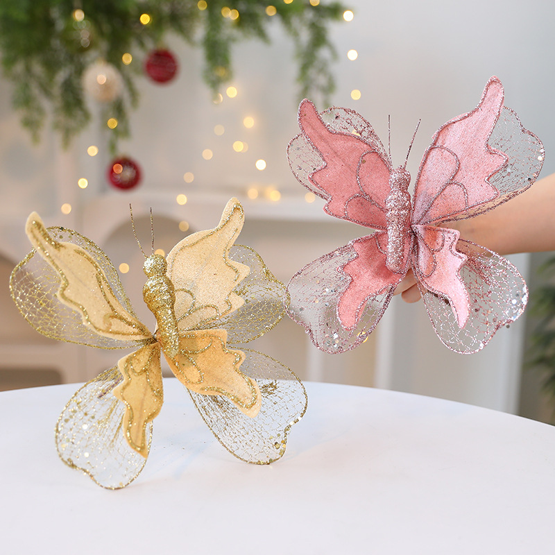 Saintyuan High-Quality Fabric Sequin Gold Powder Artificial Butterfly Ornament Christmas Tree Decoration — image 3