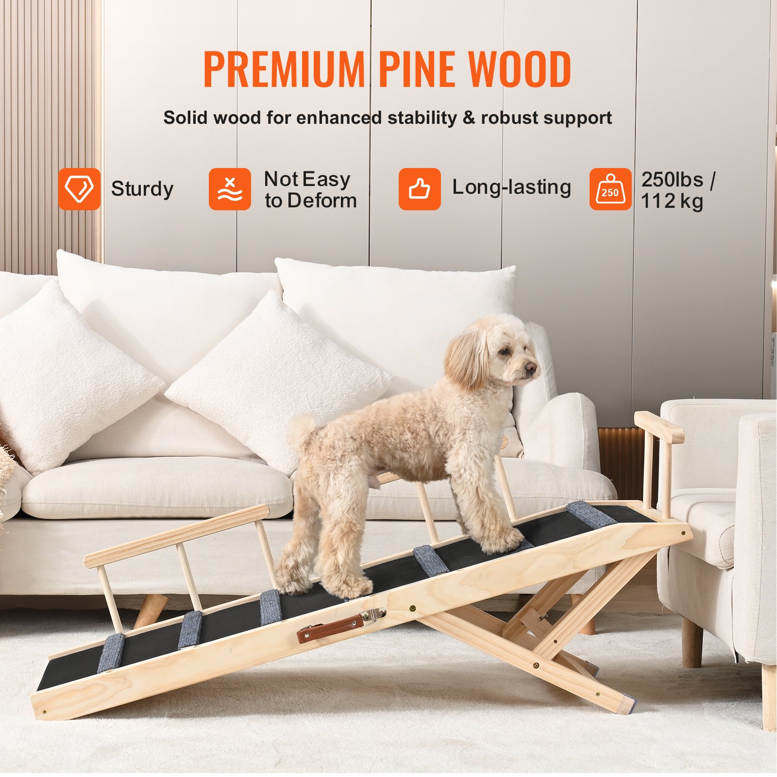 Dog Ramp, Folding Pet Ramp For Bed, Adjustable Dog Ramp For Small, Large, Old Dogs & Cats, Wooden Pet Ramp With 47.2' Long Ramp, Adjustable From 13.8' To 27.6', Suitable For Couch, Sofa, Car — imagen 3