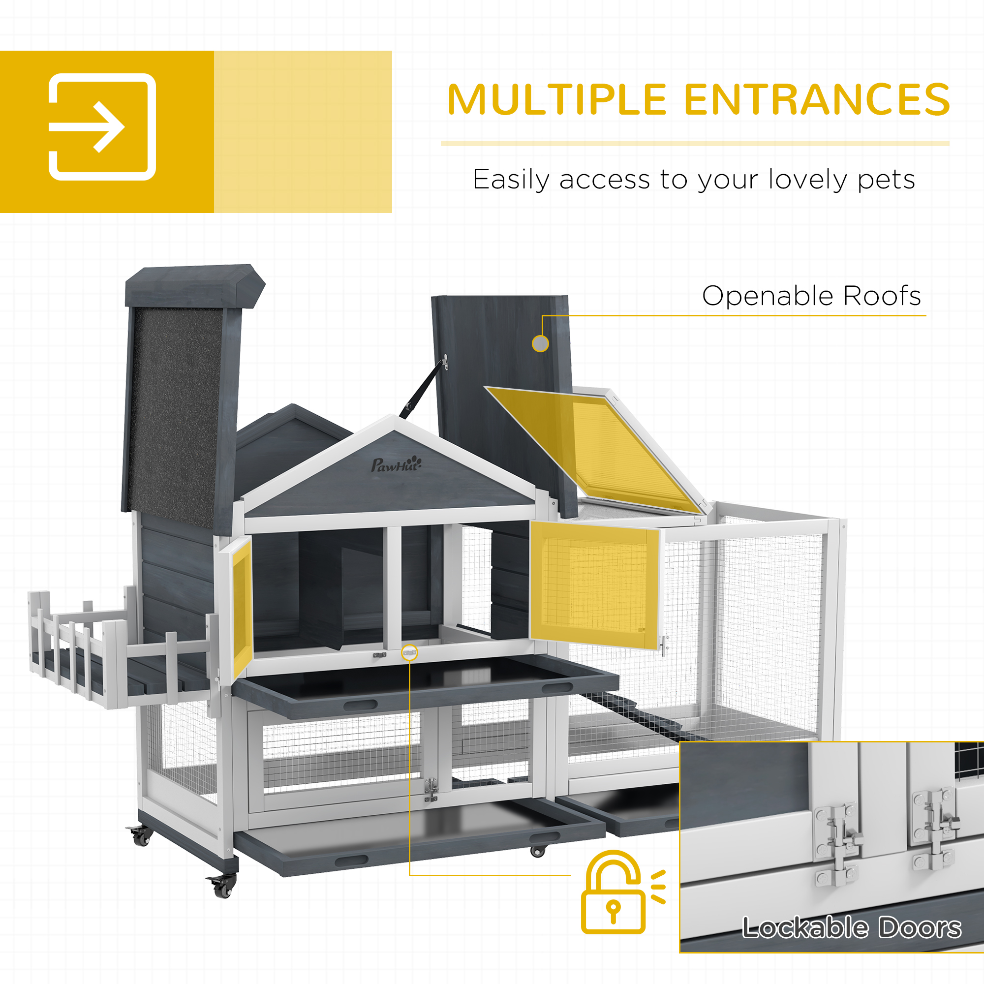 Conejera de Madera de 65", Corral para Mascotas con Techo Abatible y Caja de Almacenamiento para Conejos y Animales Pequeños, Gris — imagen 2