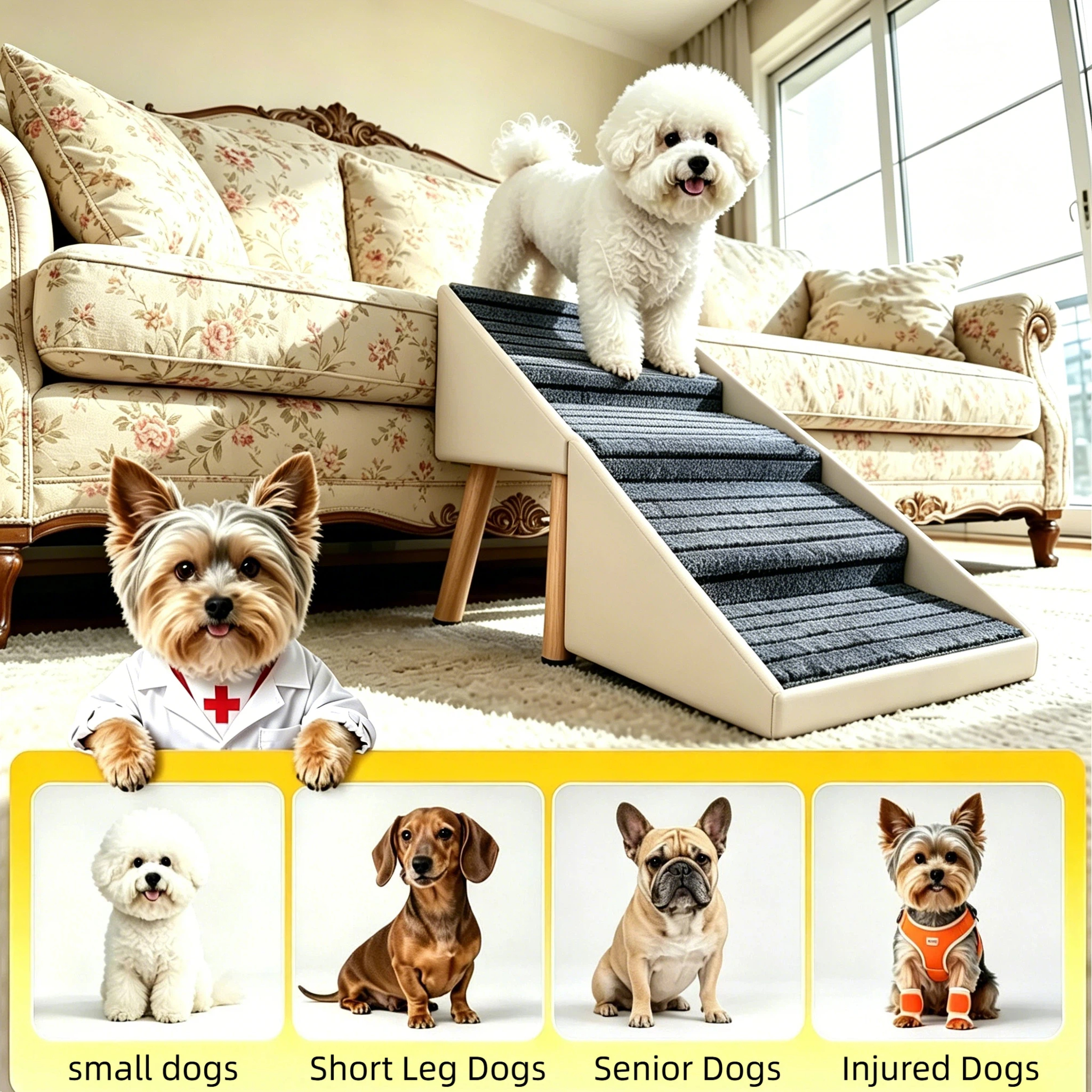 2-in-1 Dog Stairs for Bed and Couch 18.89" Foldable Dog Ramp for Couch 4 Pet Steps & Ottoman for Small Dogs, Beige — image 6