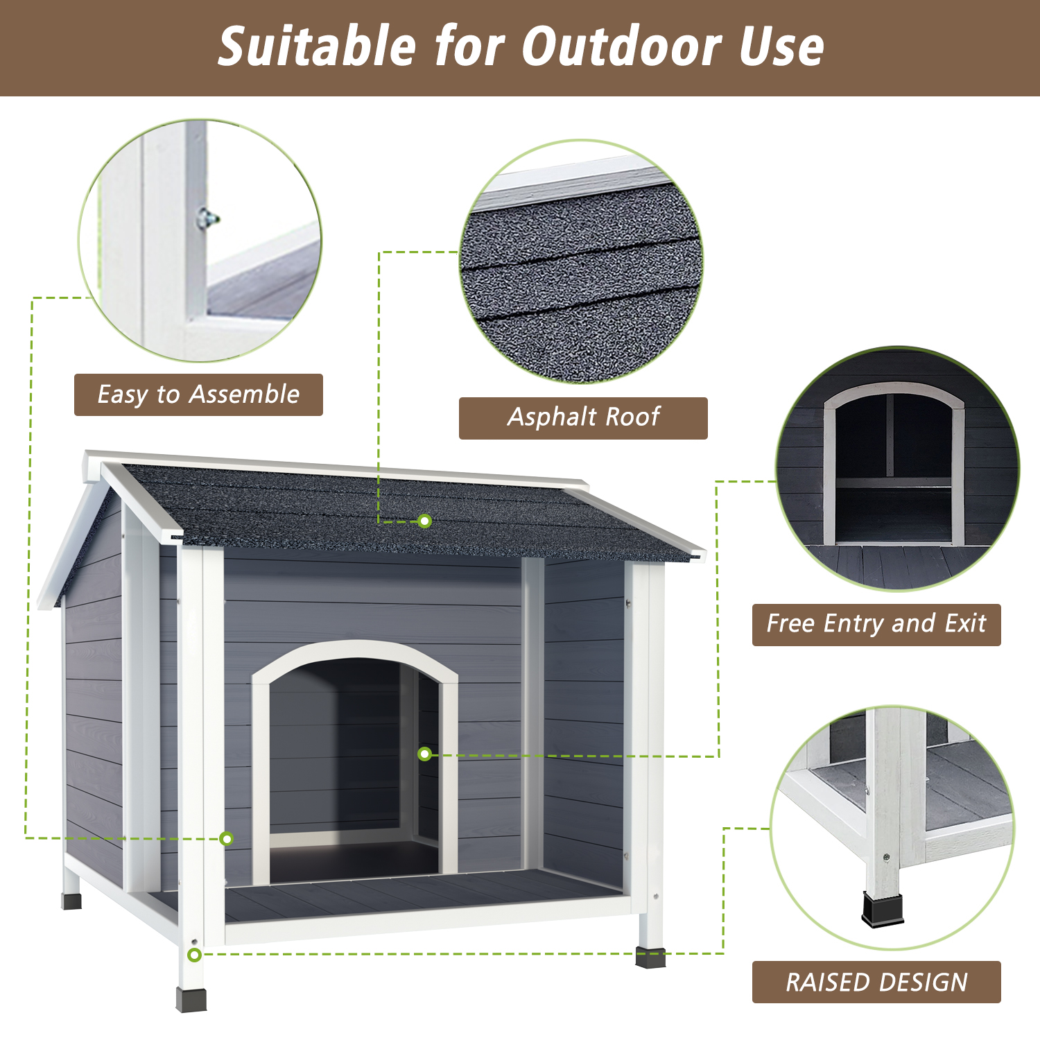 Casa de Perro Exterior, Refugio de Madera Resistente al Tiempo con Techo de Asfalto, Diseño de Piso Elevado, Montaje Fácil, Para Perros Pequeños a Medianos — imagen 2