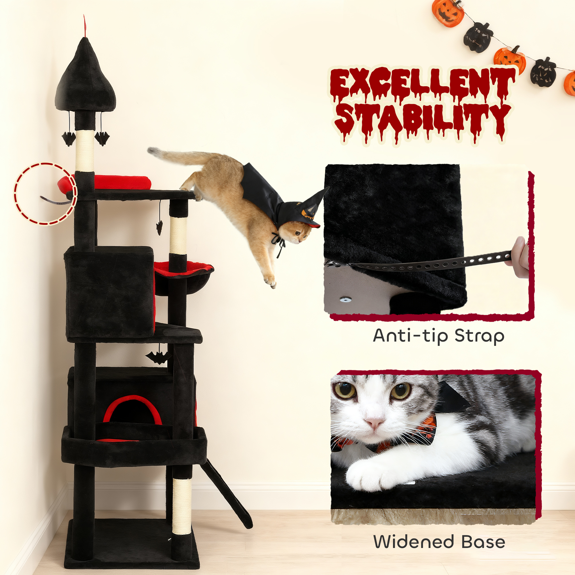 Árbol Gótico para Gatos de 78" con Caja de Tumba, 2 Condominios Espaciosos, Postes de Escarbar de Sisal, Bolas de Murciélagos y Decoración de Halloween — imagen 7