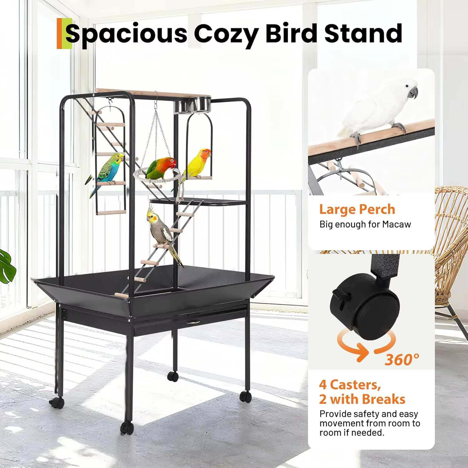 64'' Birdcage Stand Play Center, Large Parrot Perch with 2 Stainless Steel Bowls & Pull-Out Seed Guard, Lockable Rolling Stand with 4 Casters, Bird Playground for Macaw Cockatiel Conure Parakeet — image 4