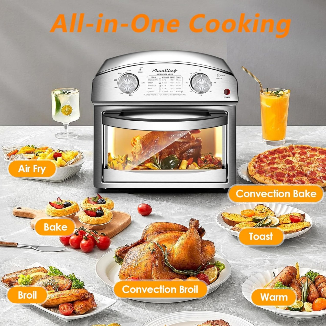 Estufa de Aire con Acero Inoxidable 12.5 Qt, Control Doble, Temporizador de 60 Minutos, Presets para Patatas Fritas, Pizza, Pollo, Pescado y Pan - Diseño Elegante y Saludable — imagen 2