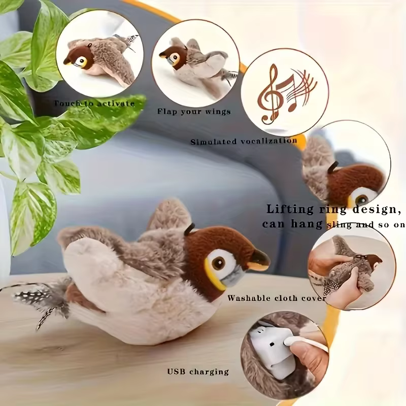 Juguete Interactivo para Pájaros Domésticos con Alas que Se Mueven y Grito de Pájaro USB-Rechargeable con Catnip para Interior — imagen 1