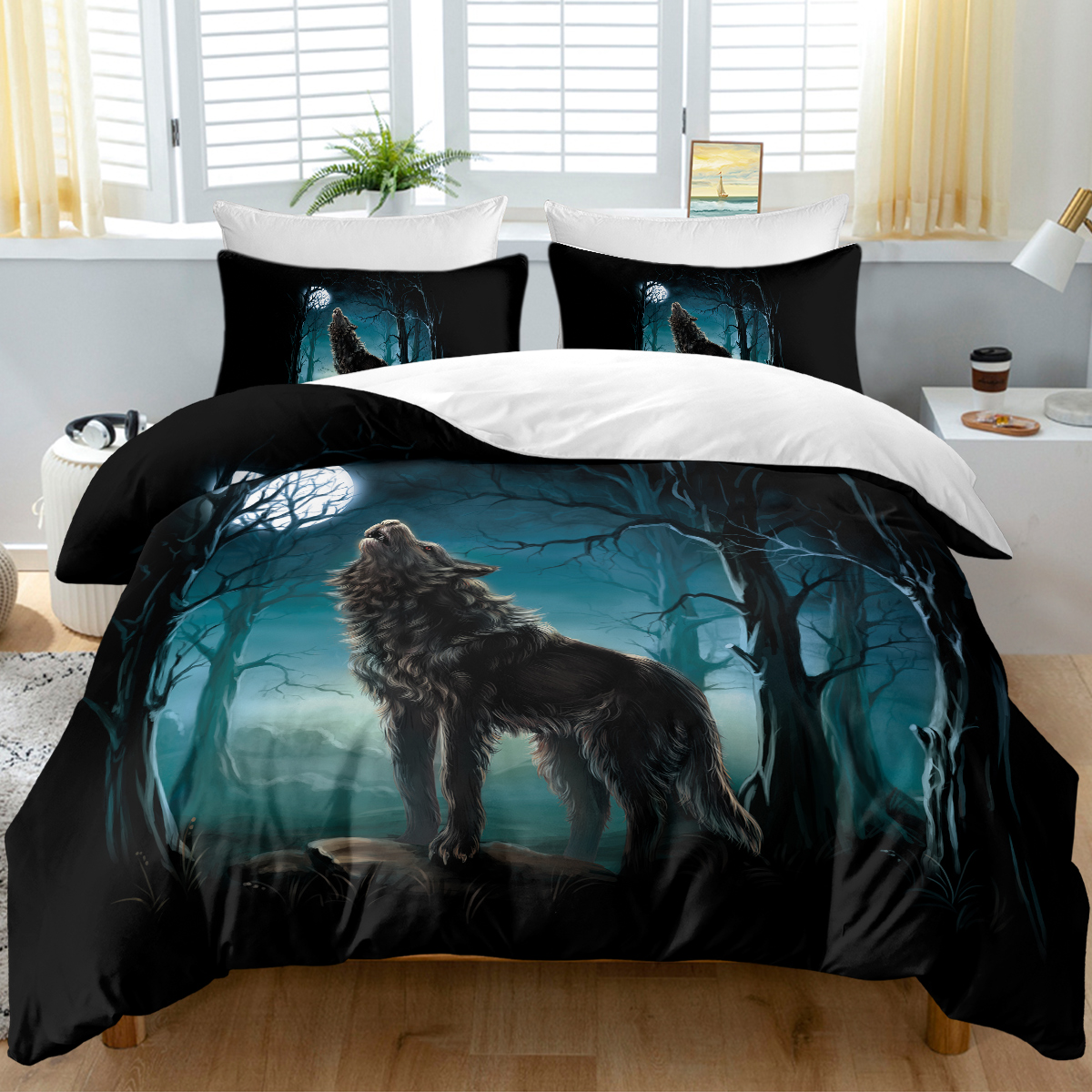 Moon Wolf Bedding Green Watercolor Forest Wolf Landscape Duvet Cover Sets 3 Pieces Wild Animal Bedding Set Twin Full Queen King Size — image 1