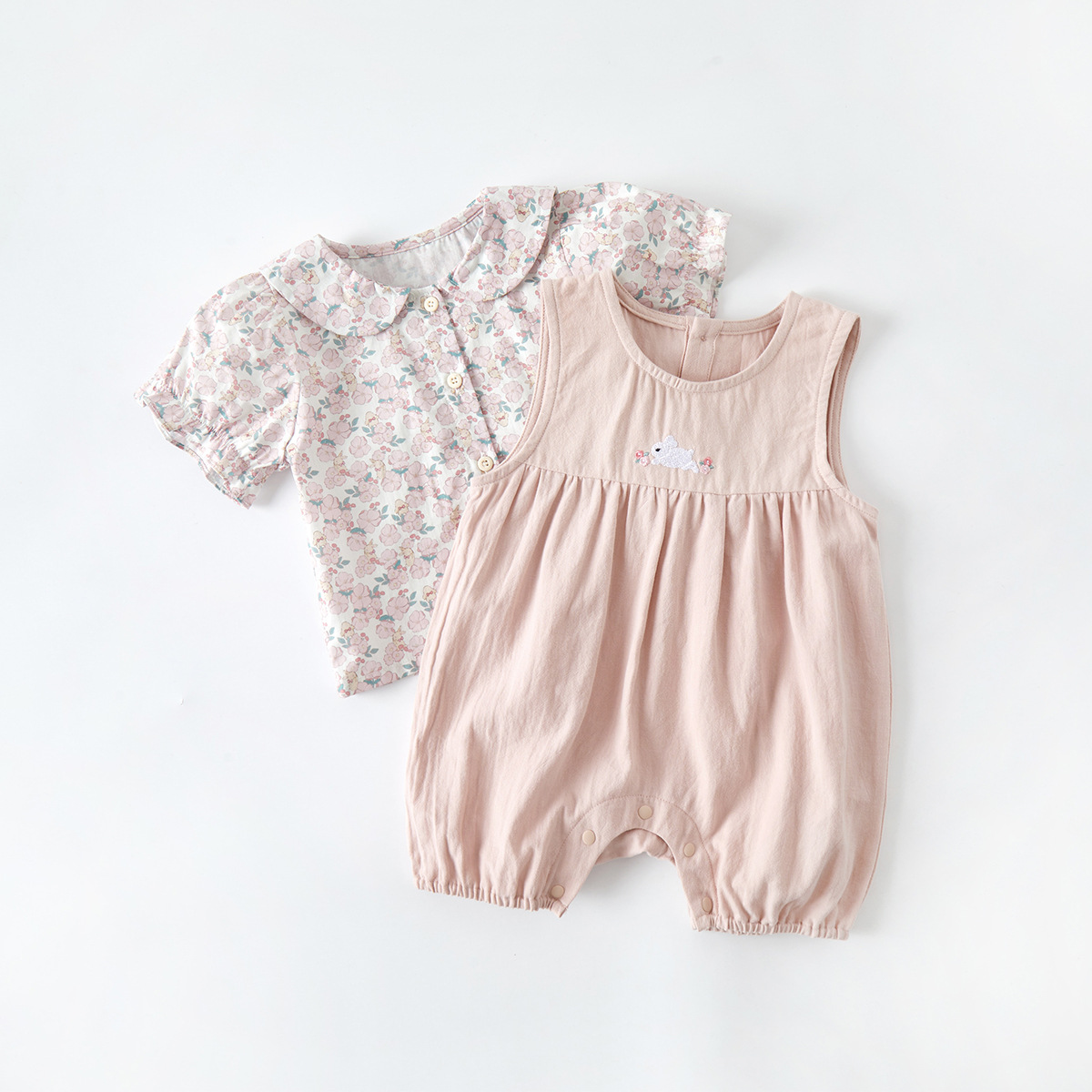 Infant Floral Bunny Ear Outfit Set Summer Lightweight Shirt Vest Romper Two-Piece Set — image 7