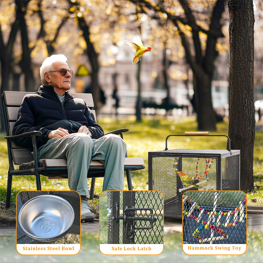 Caja de Viaje para Pájaros de Hierro Forjado Resistente con Manija de Madera Percha para Loros Canarios Budgies Amistades y Cacatúas — imagen 7