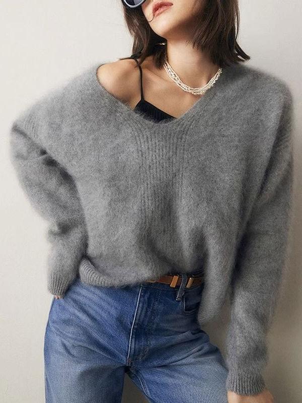 Women's Faux Mink V-Neck Long Sleeve Pullover Sweater Loose Knit Top — image 5