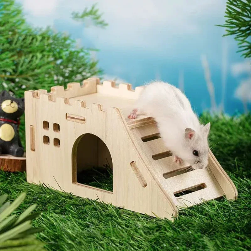 Casa de Hámster Suave con Escalera de Madera para Ratones y Roedores Pequeños - Castillo con Puente Arco para Conejos de Laboratorio — imagen 1