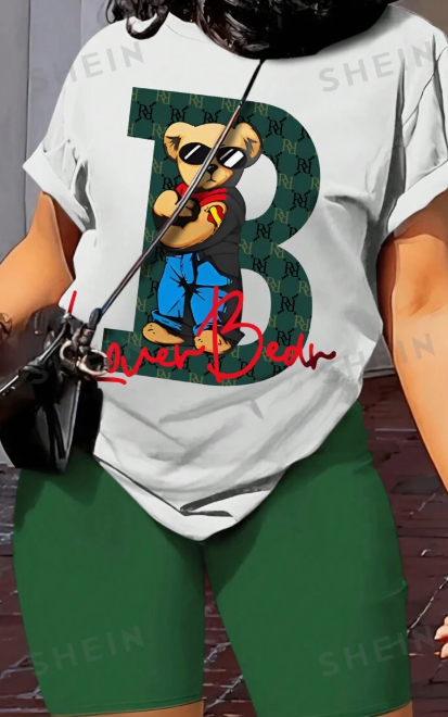 Camiseta con Estampado de Oso y Pantalones de Color Único 2 piezas — imagen 3