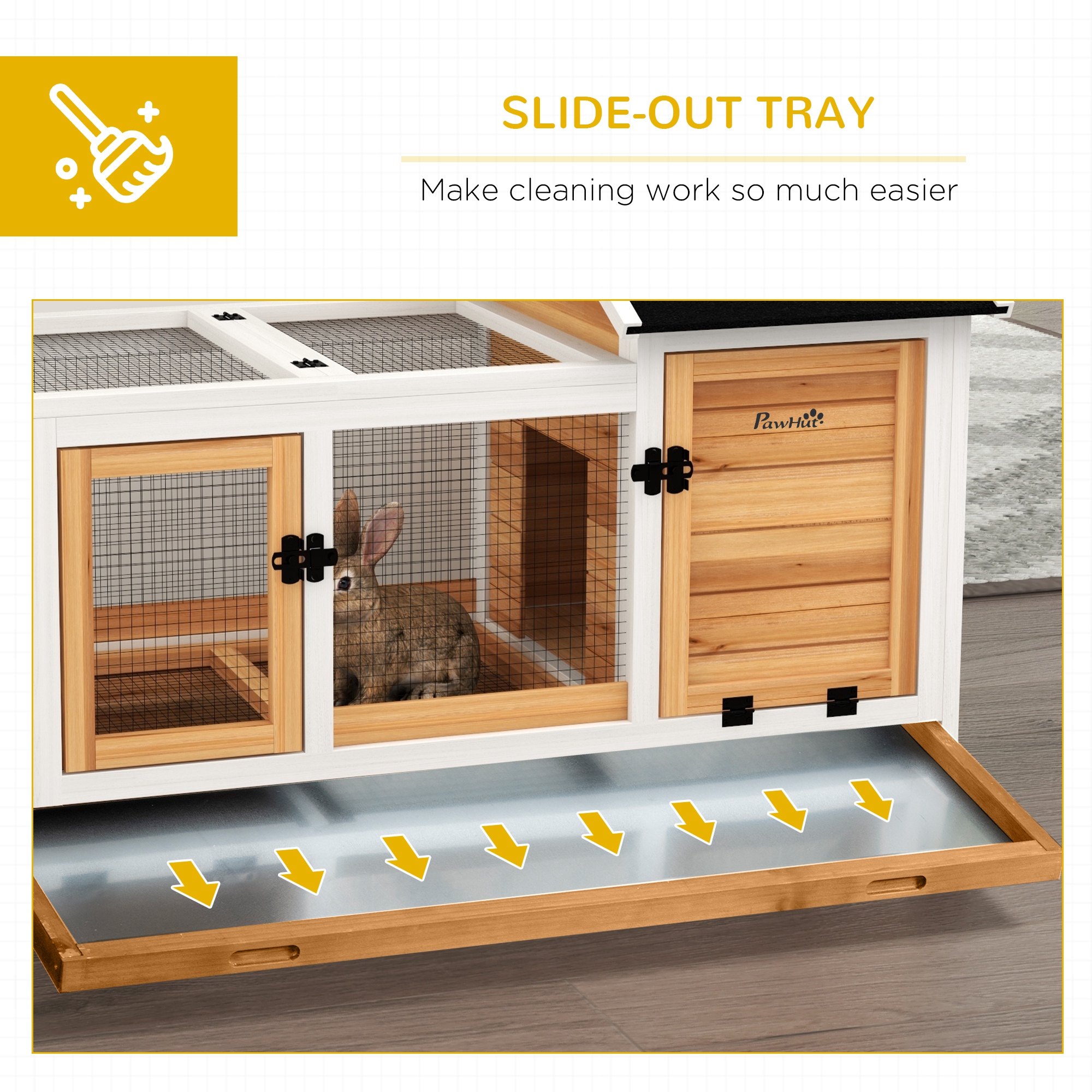 Wooden Rabbit Hutch with Wheels, Run, Slide-out Tray for Small Animals, Guinea Pig, Yellow — imagen 4