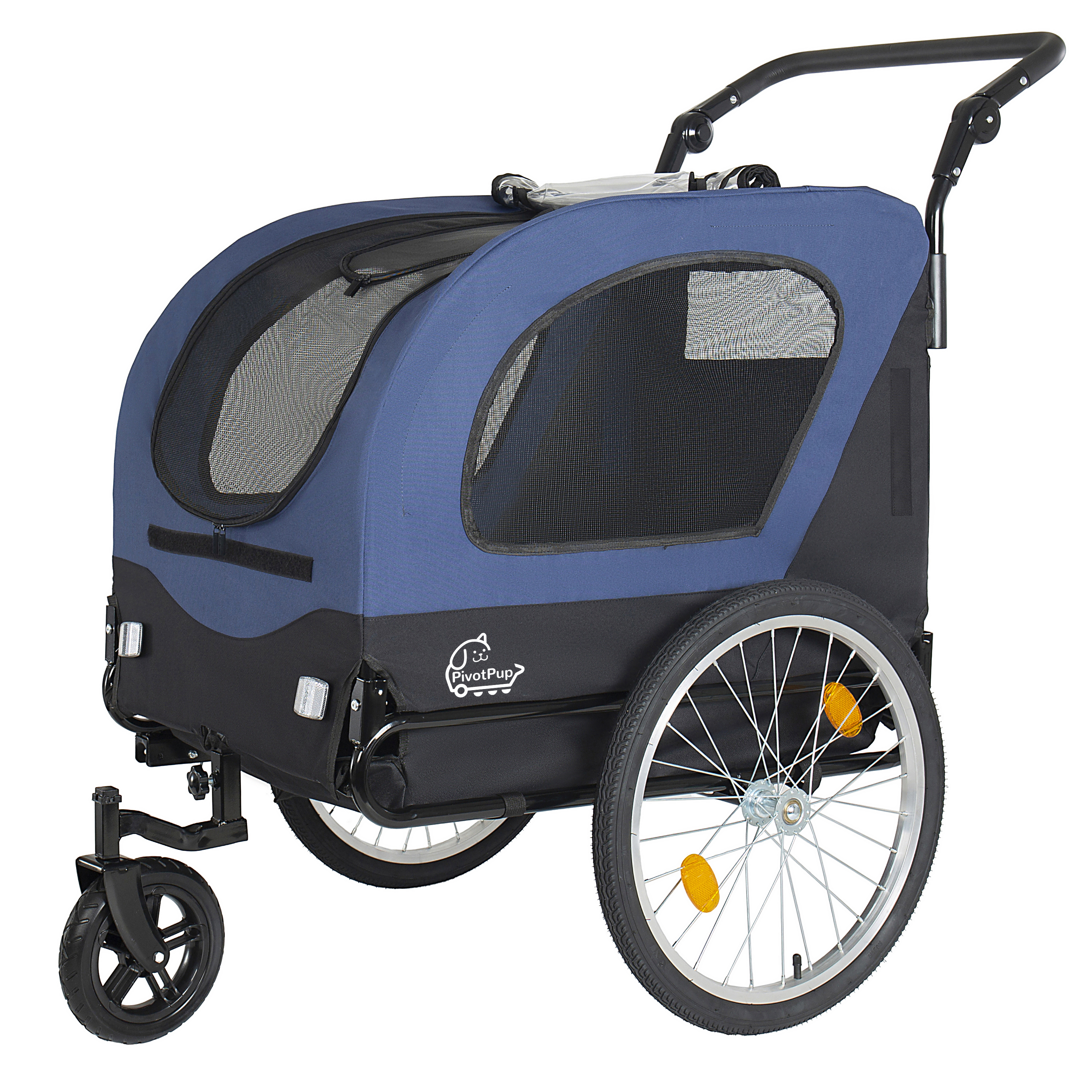 2-in-1 Bike Trailer & Pet Stroller For Dogs Up To 110lbs Foldable Pet Carrier Cart With Front Caster & 20 Quick Release Air-Filled Wheels, Breathable Mesh And PVC Rain Cover, Dark Blue — imagen 4