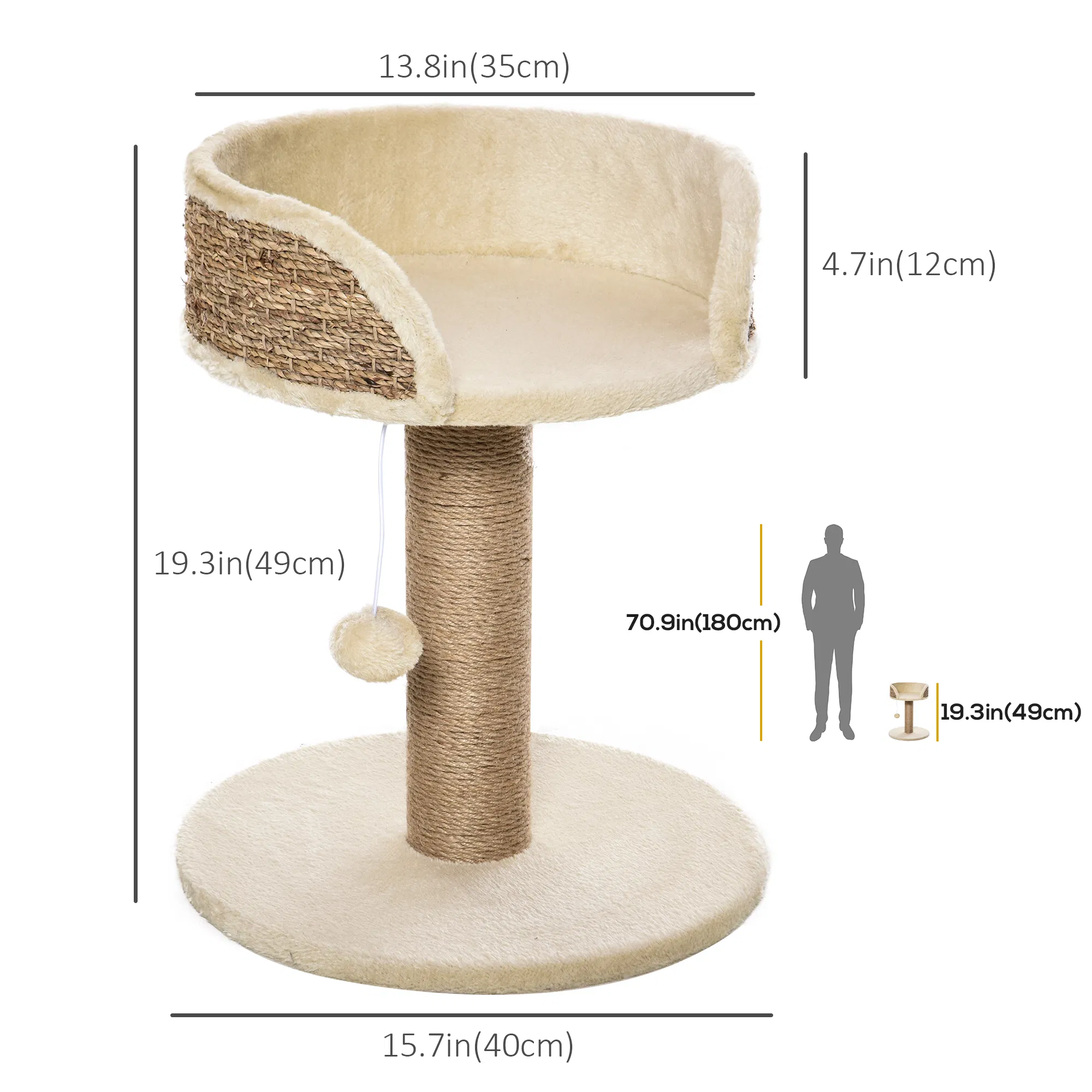 Cat Tree with Scratching Post, Toy Ball, Perch, Small Cat Tower for Indoor Cats - 16" x 16" x 19", Beige — image 4