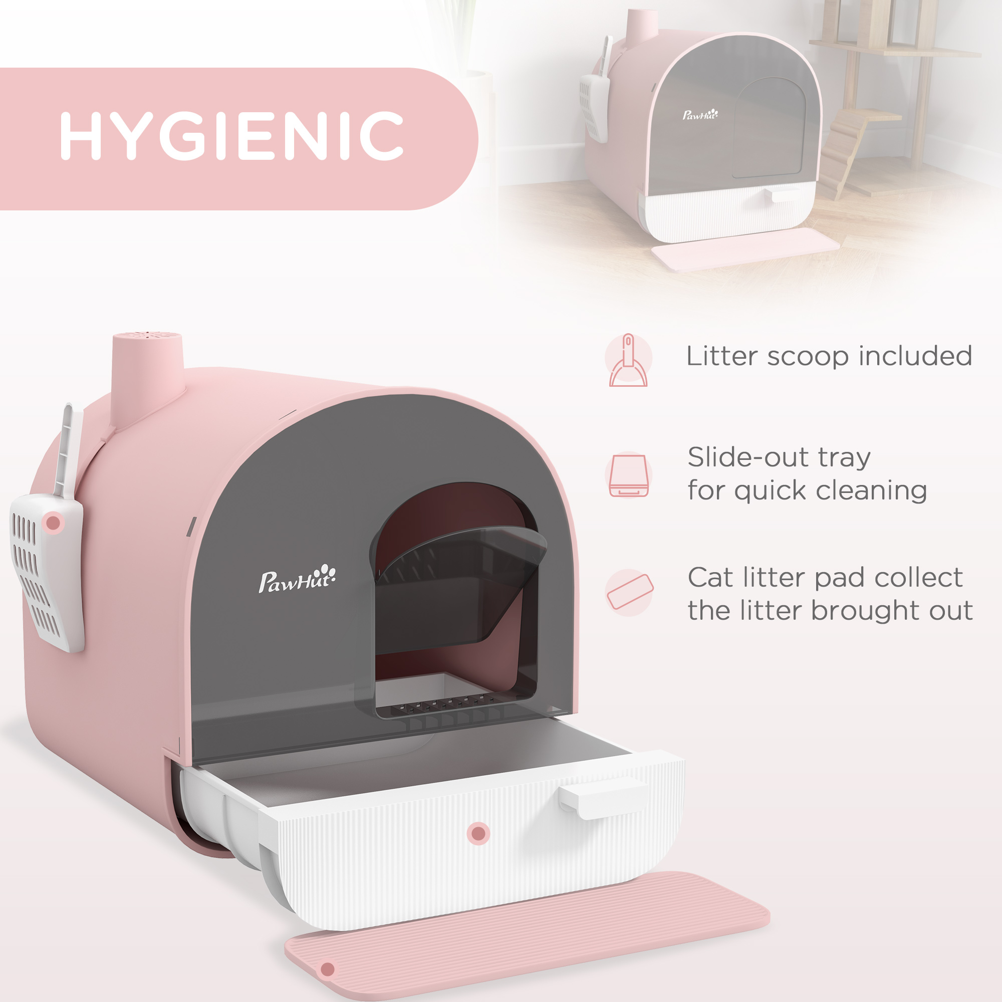 Cat Litter Box With Lid With Scoop And Filter, Pink — imagen 4
