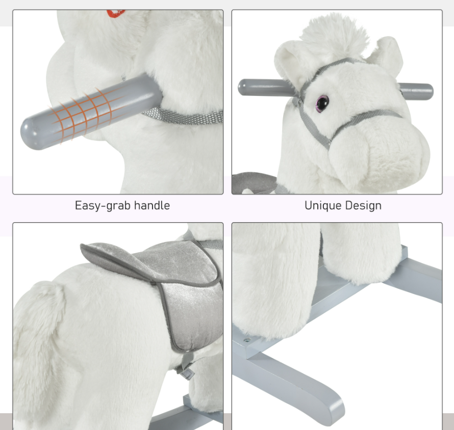 White Plush Rocking Horse With Bear Toy For Kids, Soft Sound Rocker, Ideal For Nursery Playtime — image 2