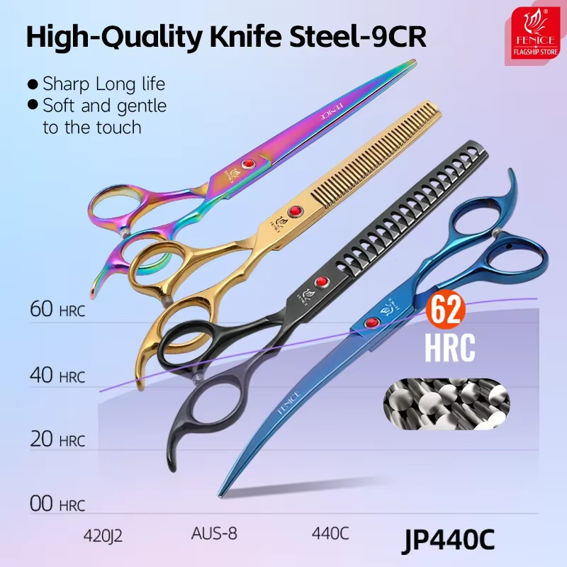 Fenice 6.5/7 Inch Colorful Professional Dog Grooming Scissors Set Kits Straight Thinner Curved Chunker Grooming Shears Tool Set — image 3