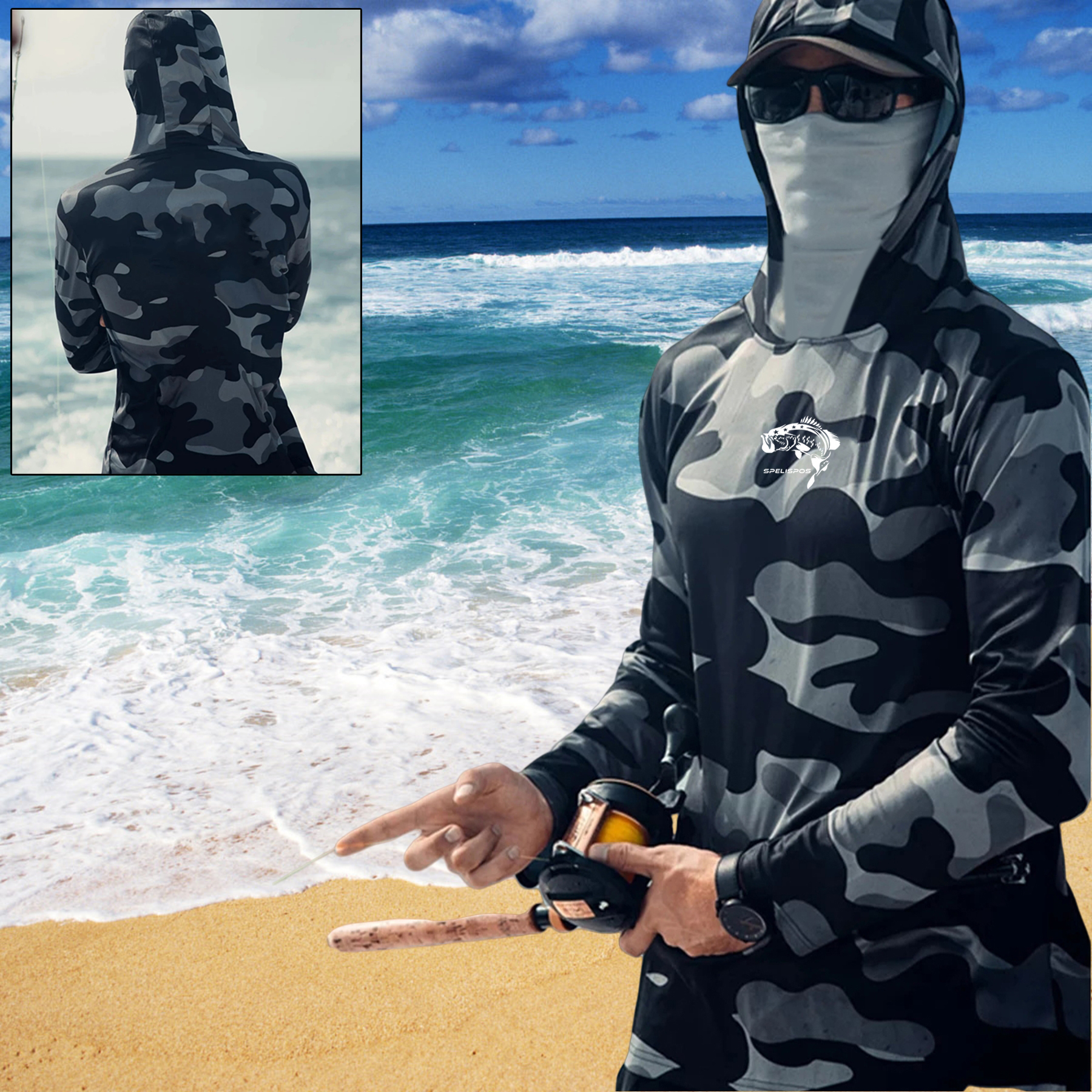 Fishing Hoodie Face Mask Neck Cover Sailing Shirt Summer Men Long Sleeve Sun Protection Hunting Jersey Camisa De Pesca Performance Fish Gear Beach Tops Wear Climbing Uniform — image 1