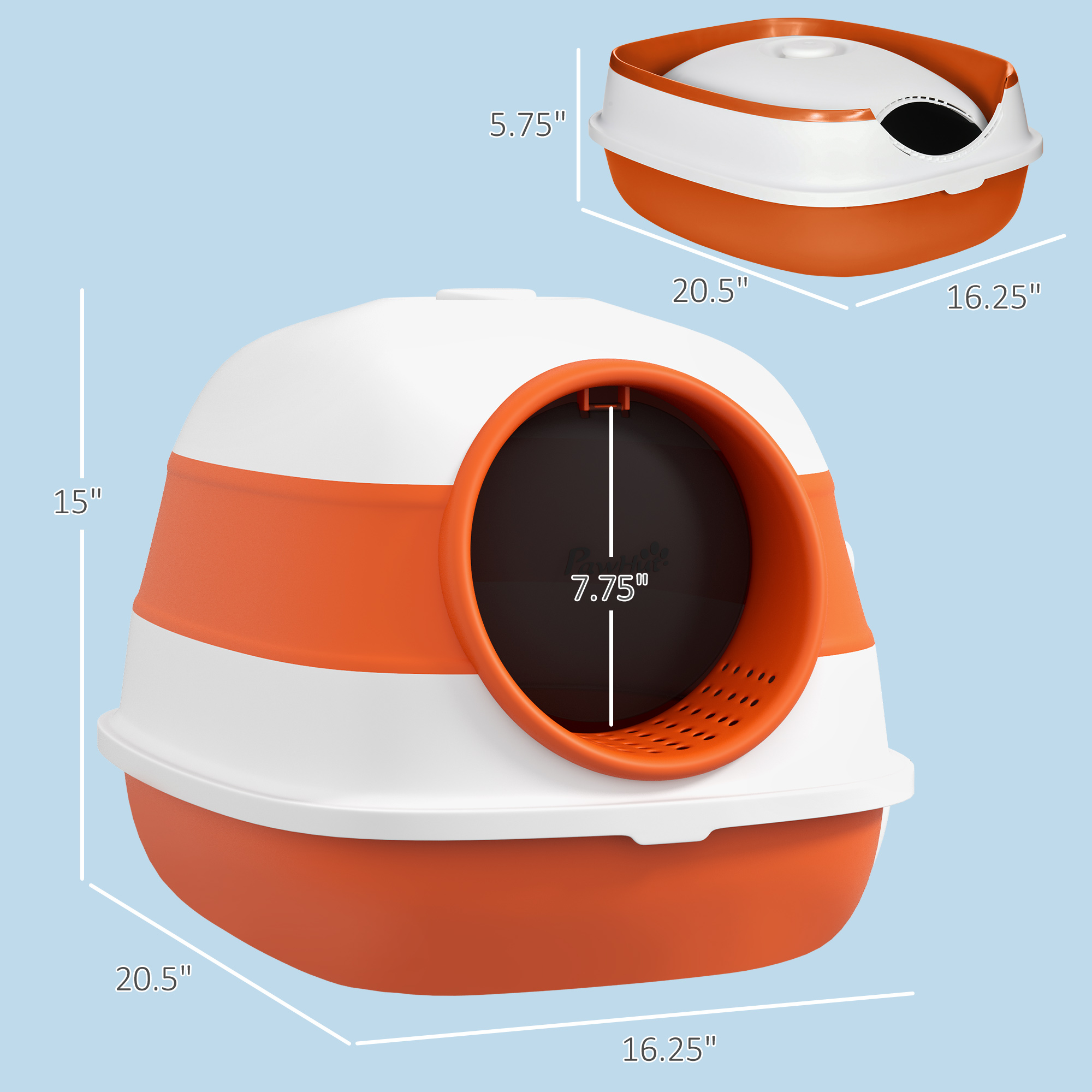 Dome Covered Cat Litter Box With Lid, White And Orange — imagen 3