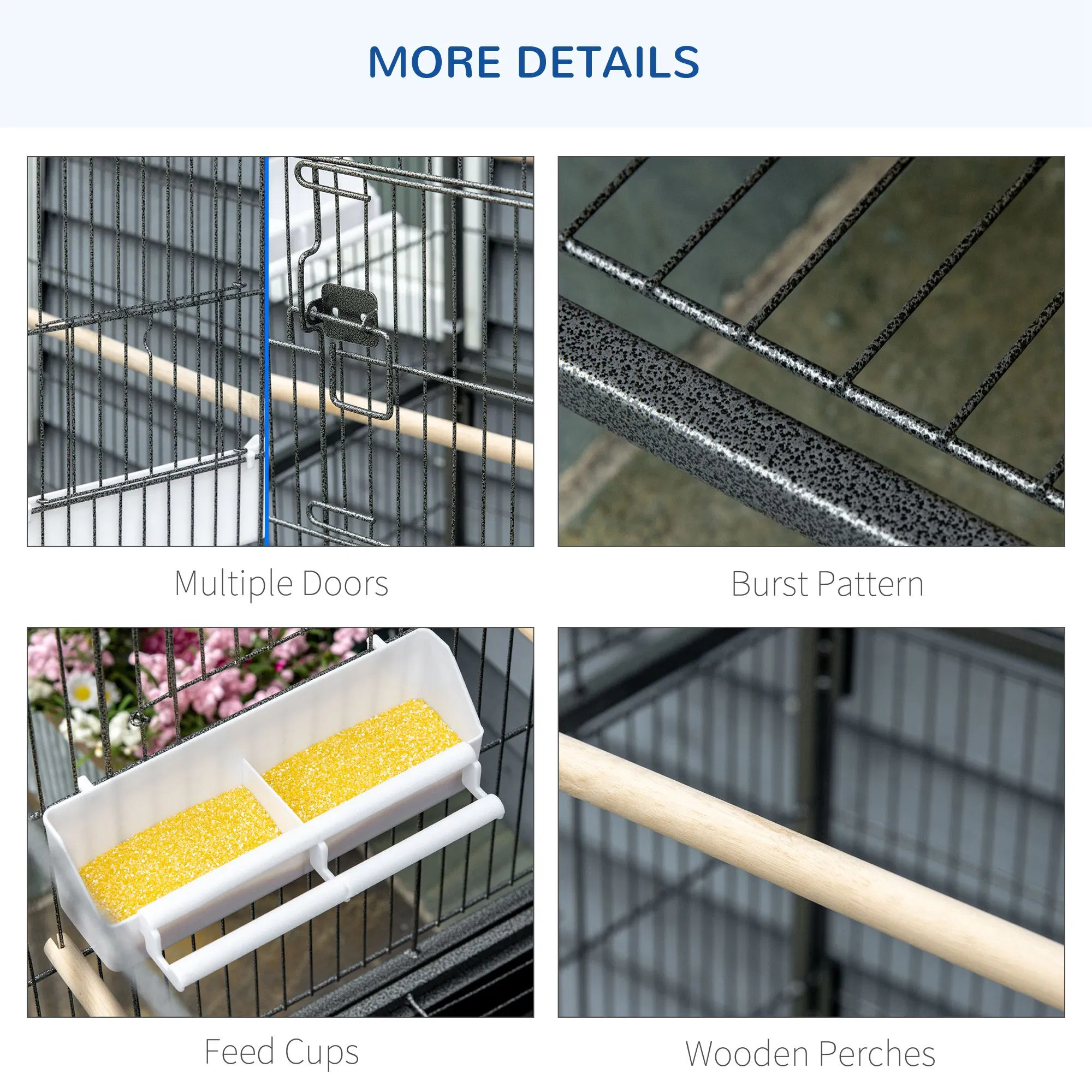 52'' Large Rolling Steel Bird Cage Bird House with Rolling Stand, Storage Shelf, Wood Perch, Food Container, Dark Grey — image 2