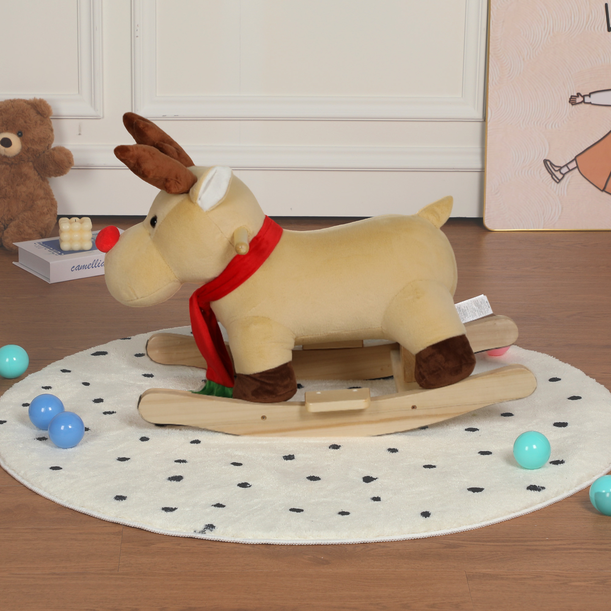 Kids Ride-On Rocking Horse Toy With Lullaby Song, Moose Rocking Toy With Hand Puppets And Safety Belt For Children 1-3 Years, Soft Plush Fabric, Apricot, CPC Certified — image 4