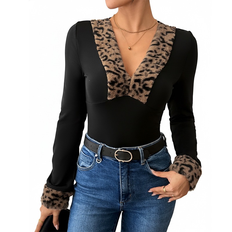 Leopard Print Long Sleeve Splicing V-Neck Women's Jumpsuit — image 1