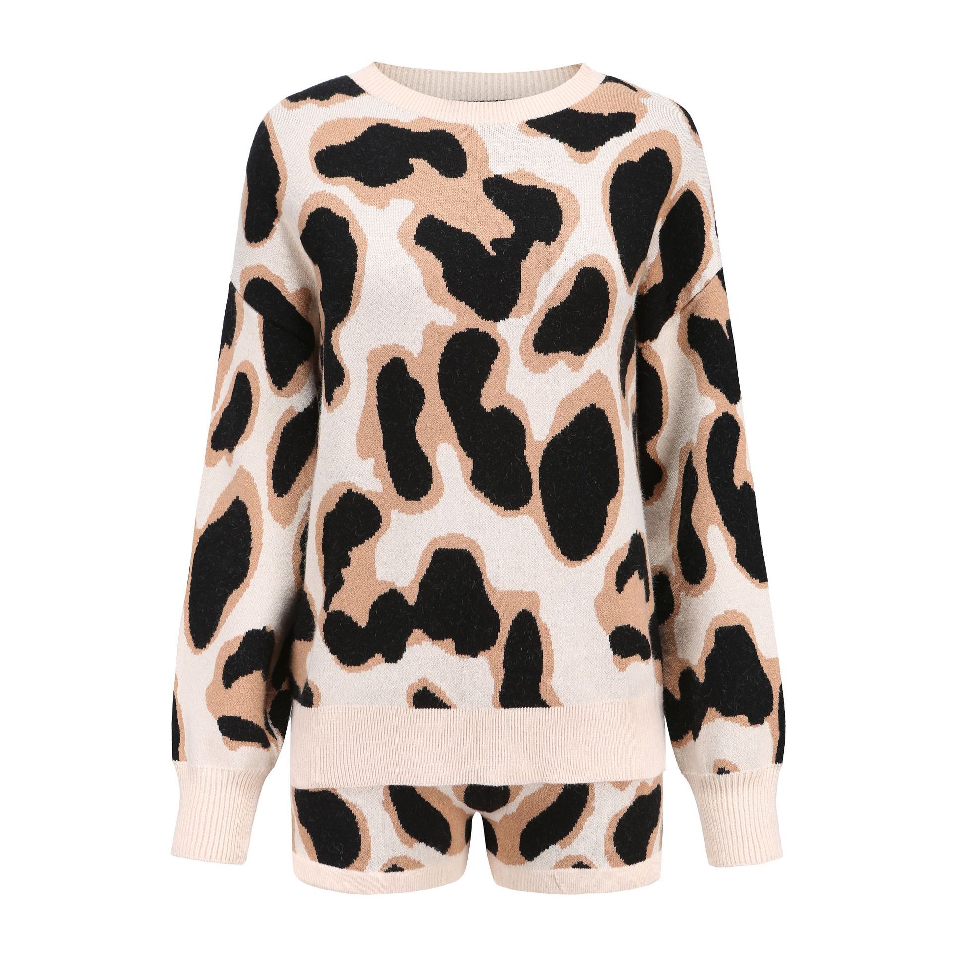 Leopard print Long sleeve Sweater and short pants set Women's clothing set — image 1