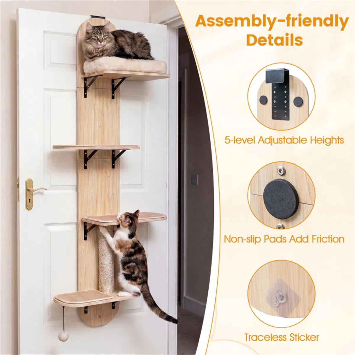 Door Hanging Cat Tree 5-Level Height Adjustable 4-Tier Climber No-Drill for Apartment Beige — image 9