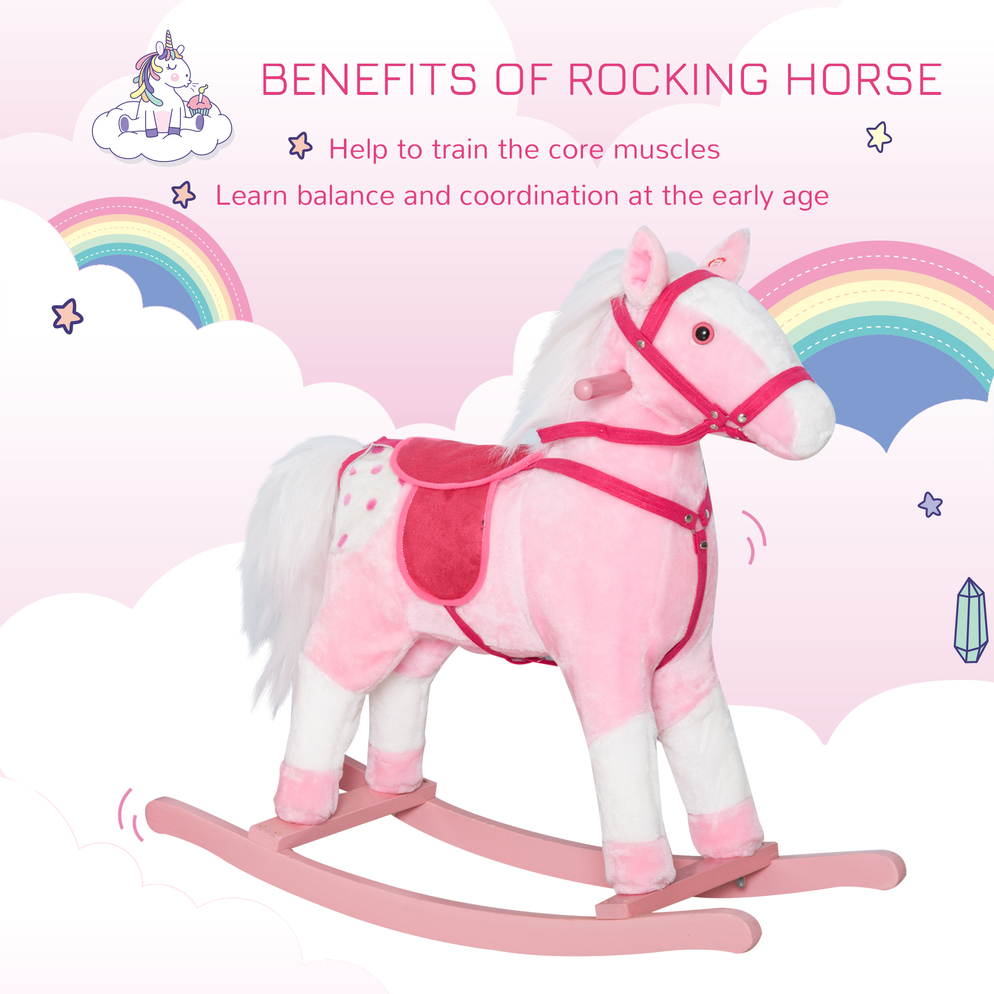 Kids Plush Toy Rocking Horse Pony Toddler Ride on Animal Rocker with Realistic Sounds, Birthday Gifts for Girls, Pink — image 4