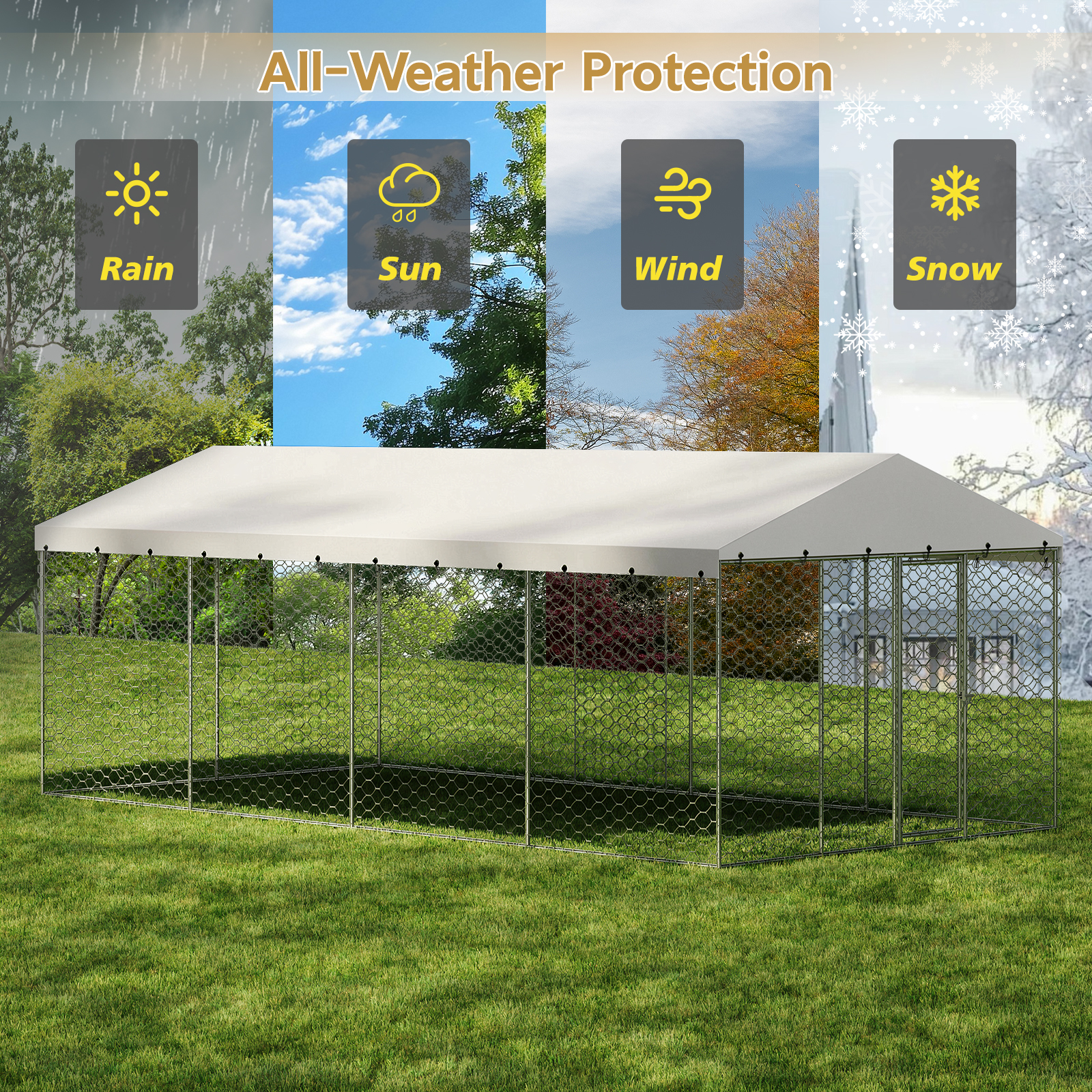 Casa de Perro Al Aire Libre Grande con Techo, Estructura de Acero Galvanizado Resistente, Cubierta Impermeable, Protección Toda el Tiempo, Jaula Segura para Perros Grandes, Multiple Animales — imagen 2