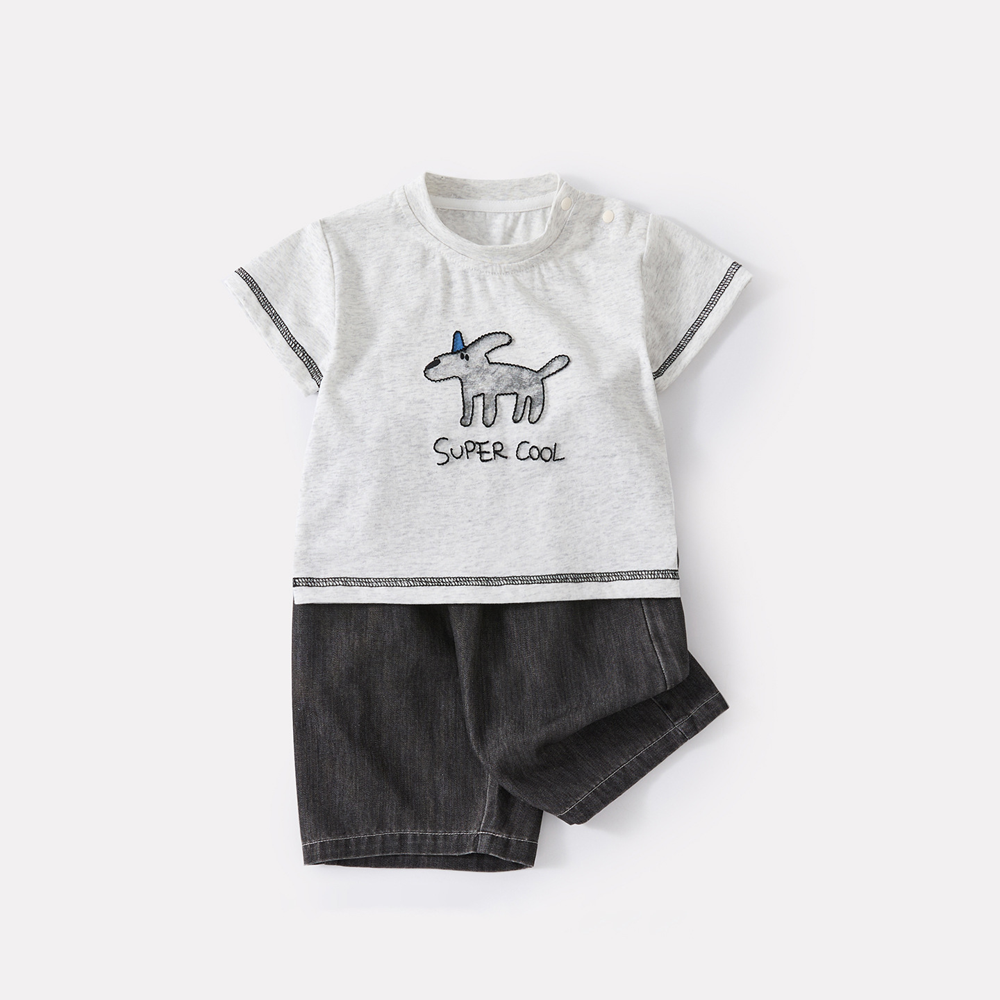 Cartoon Dog Embroidered Short Sleeve Top and Casual Breathable Denim Pants Two-Piece Set for Baby Boys — image 3
