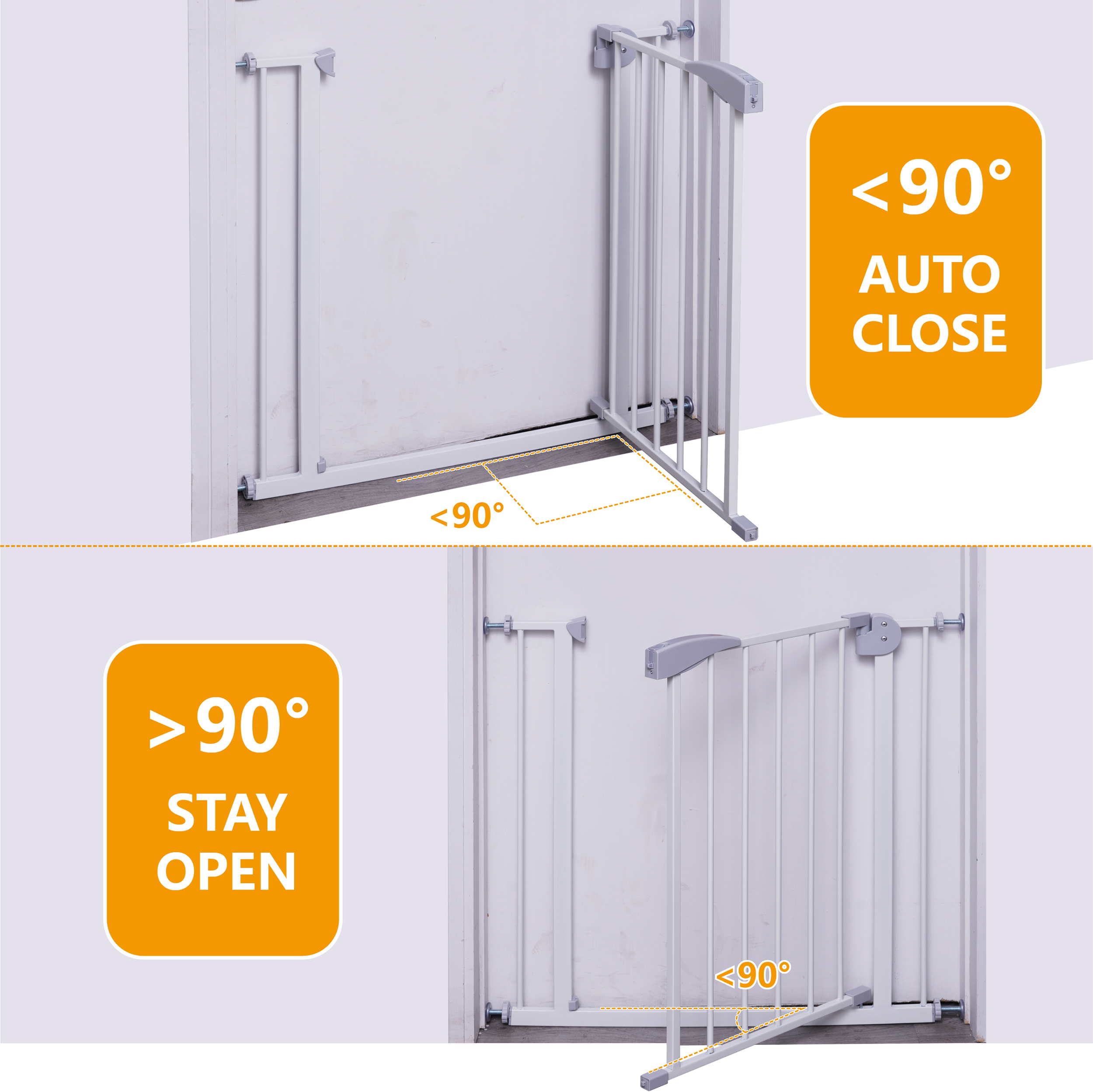 Puerta de seguridad para bebés con doble puerta, ajustable 75-115 cm, pasarela segura con kits de extensión, cierre automático, sujeta por presión, metal blanco para niños y mascotas — imagen 3