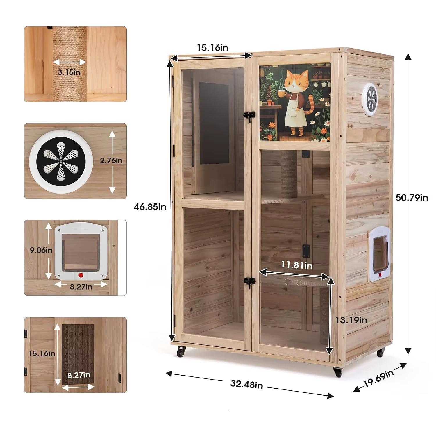 Large Wooden Cat House on Wheels, Indoor Cat Villa with Condo, Multi Platforms, Scratchers, Vent, Litter Box Area, Custom — image 3