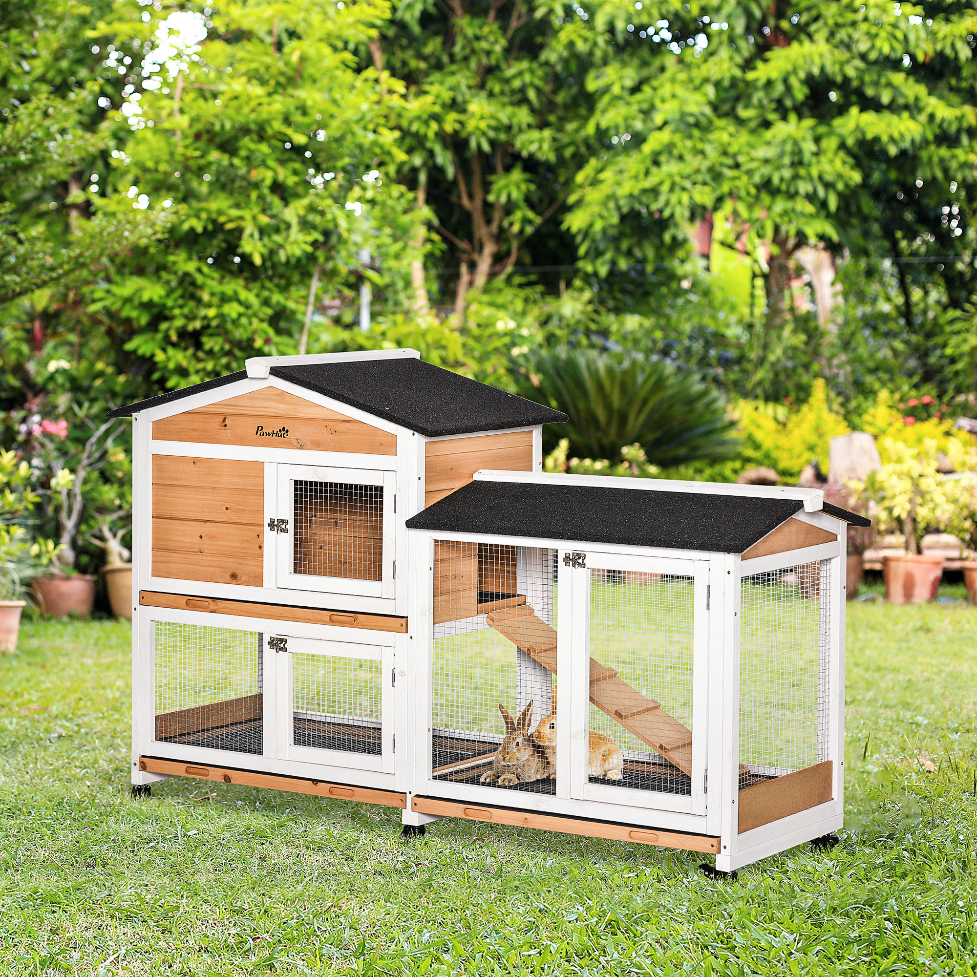 62" Wooden Mobile Rabbit Hutch with Wheels, Run Box, Slide-out Tray, Ramp, Yellow — imagen 1