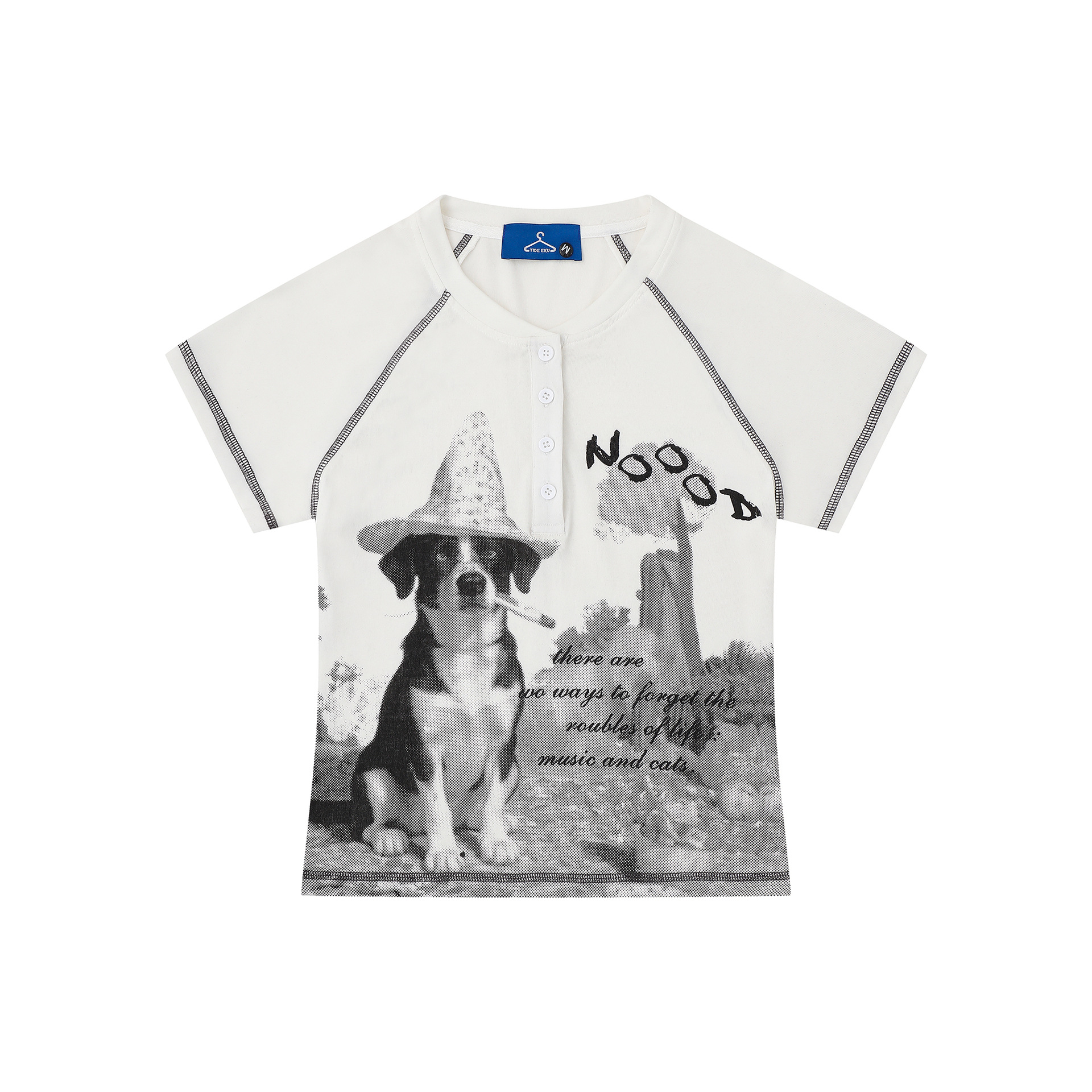 Camiseta con Estampado Artístico y Divertido de Perro, Cuello Henley, Costuras Visibles — imagen 1