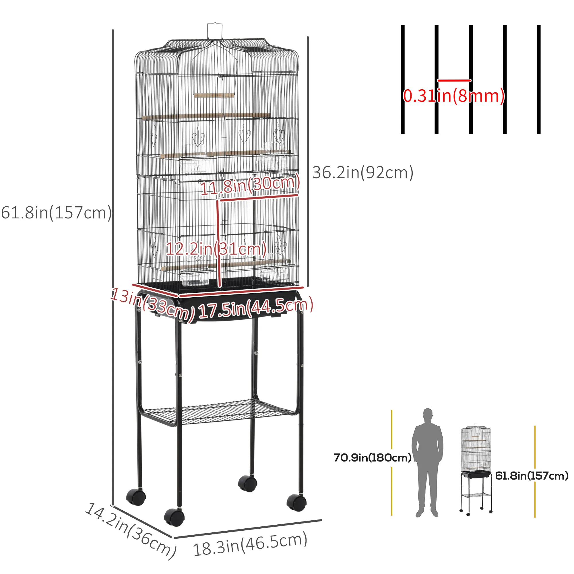 62" Rolling Bird Cage Cockatoo House Play Top Finch Pet Supply with Storage Shelf, Wheels - Black — image 4